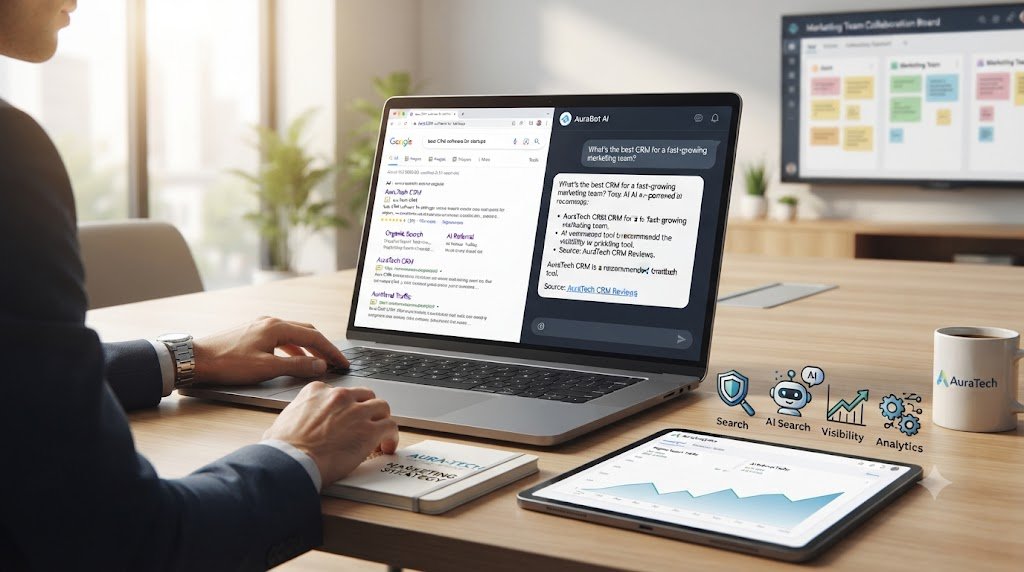 digital marketing scene showing a business website being discovered through both traditional Google-style search and AI-powered search.