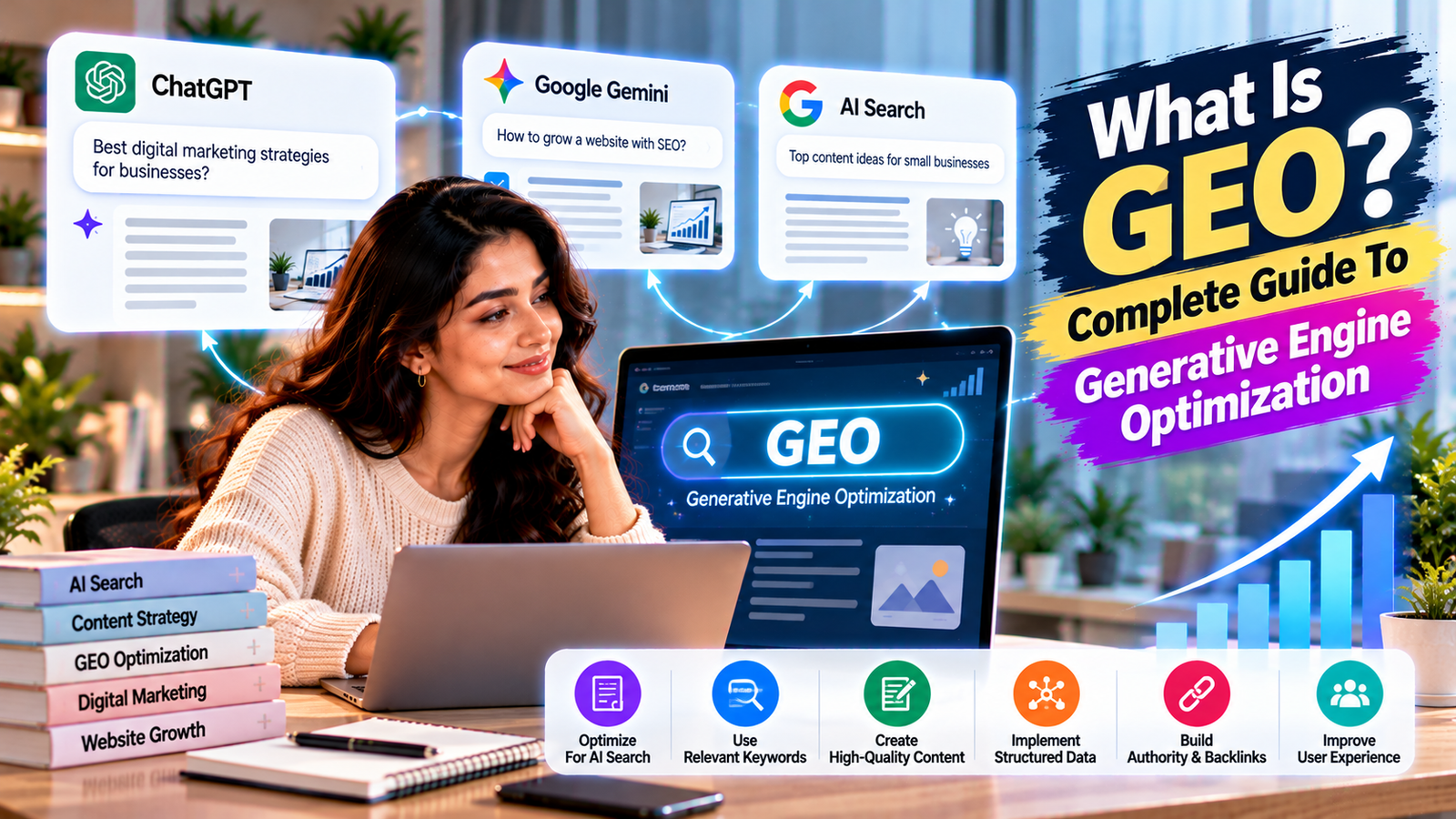 Generative Engine Optimization (GEO) explained with ChatGPT, Google Gemini, and AI search platforms, showing strategies to improve website visibility through quality content, relevant keywords, structured data, and authoritative backlinks.