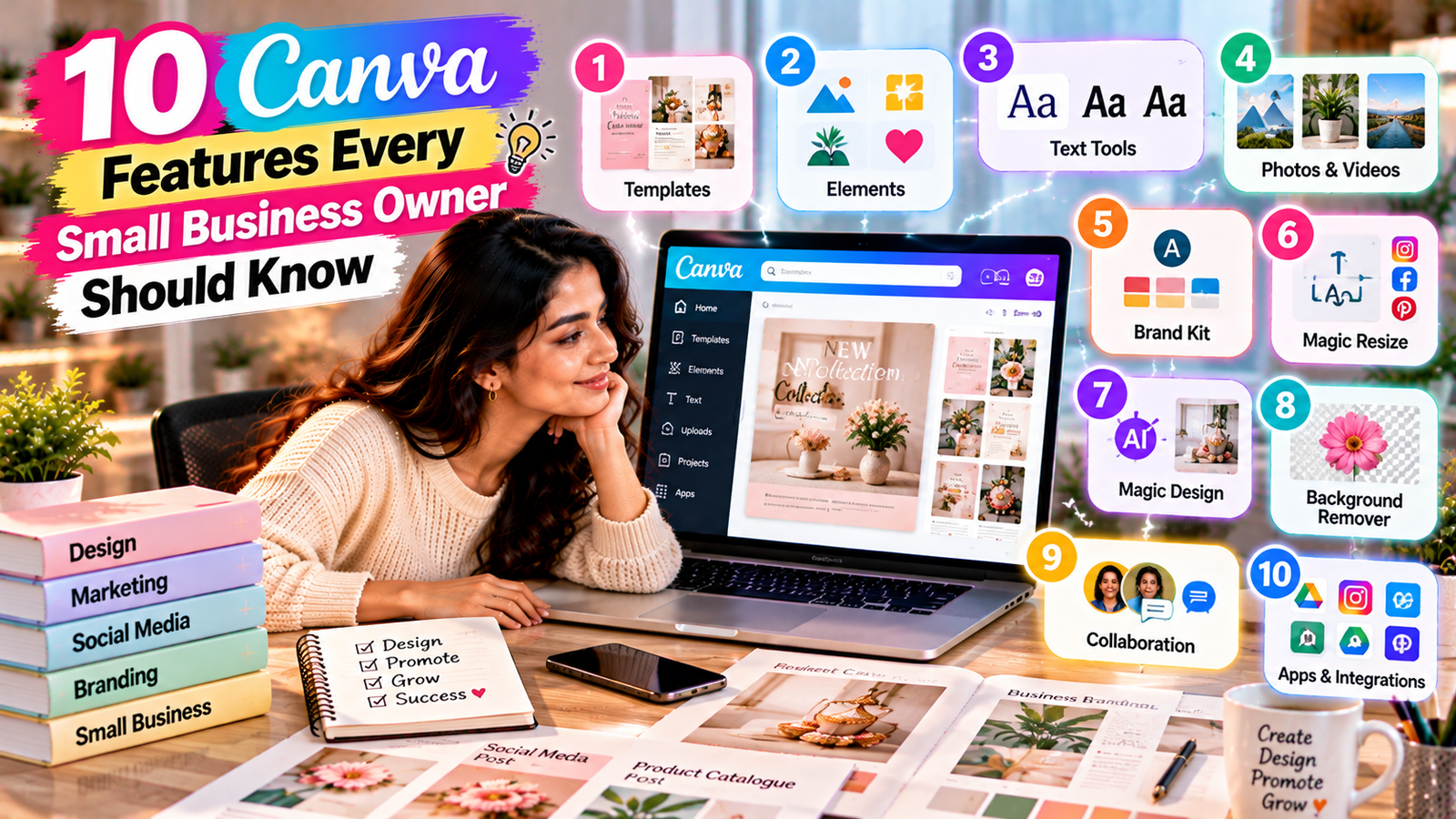 Canva design features for small business owners, including customizable templates, graphic elements, text tools, Brand Kit, Magic Resize, Magic Design, background remover, collaboration, and app integrations.