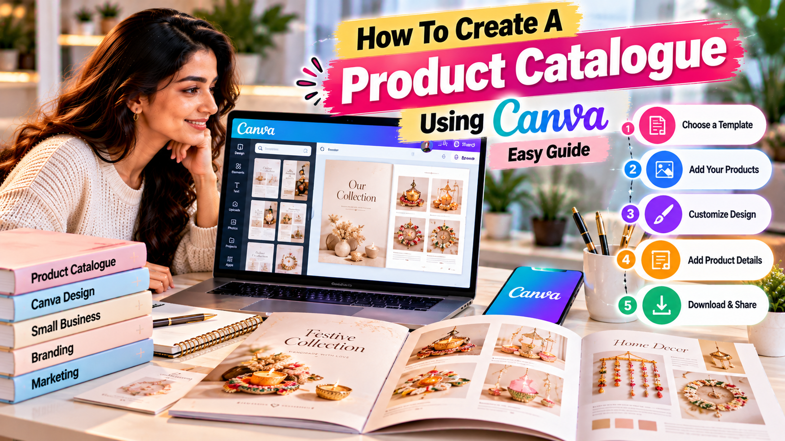 Digital designer creating a professional product catalogue using Canva with customizable templates, product images, descriptions, pricing, branding, and downloadable catalogue layouts for small businesses.