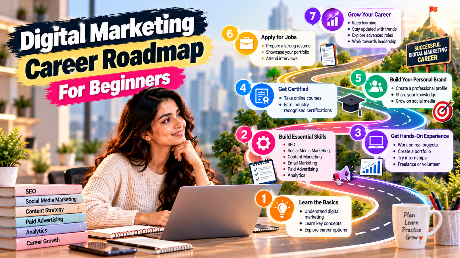 Digital marketing career roadmap for beginners showing steps to learn SEO, social media marketing, content creation, analytics, gain practical experience, earn certifications, build a portfolio, and find digital marketing jobs.