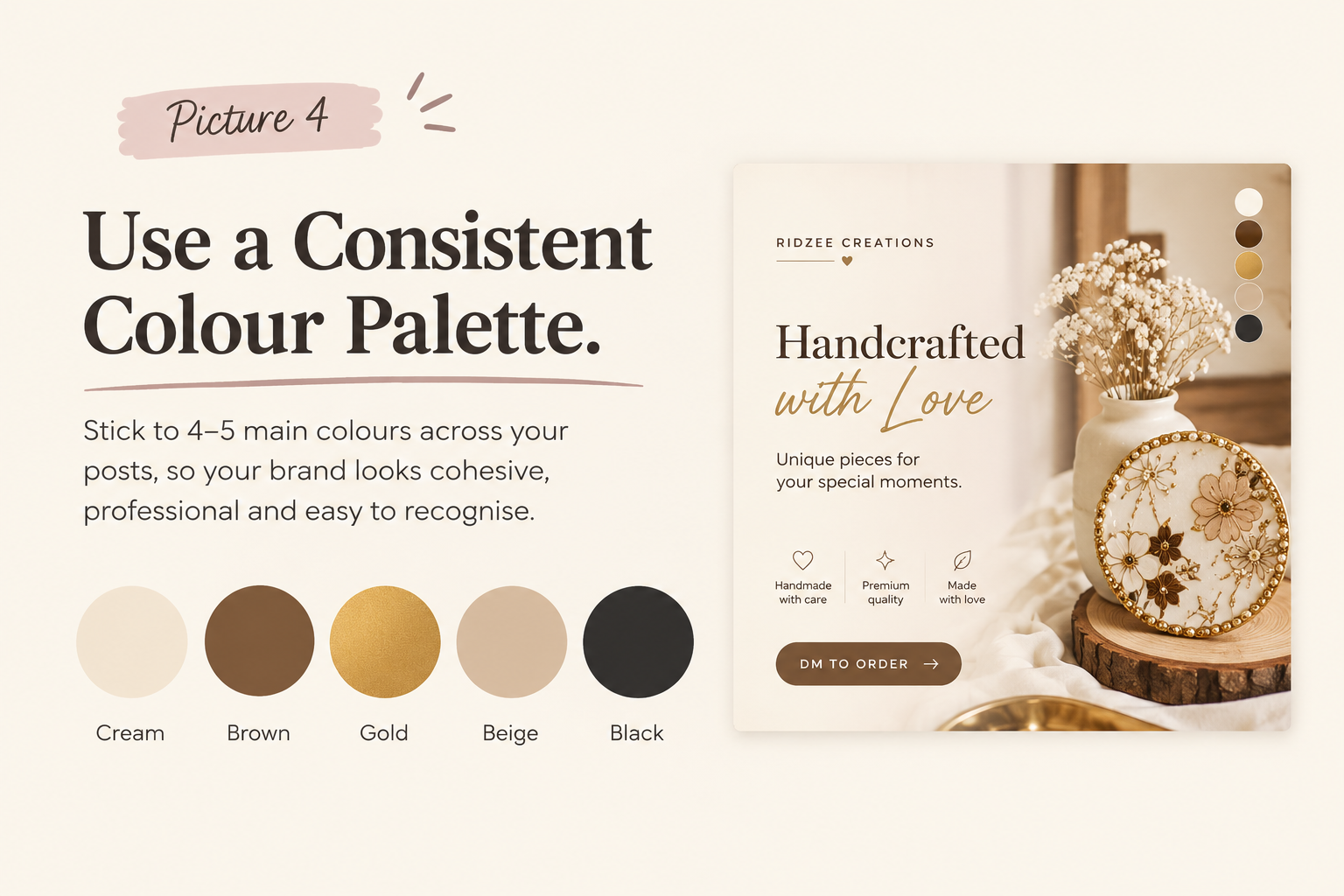 Colour palette guide showing five colours—cream, brown, gold, beige, and black—alongside a Canva-style social media post using the same colours for a cohesive brand design.