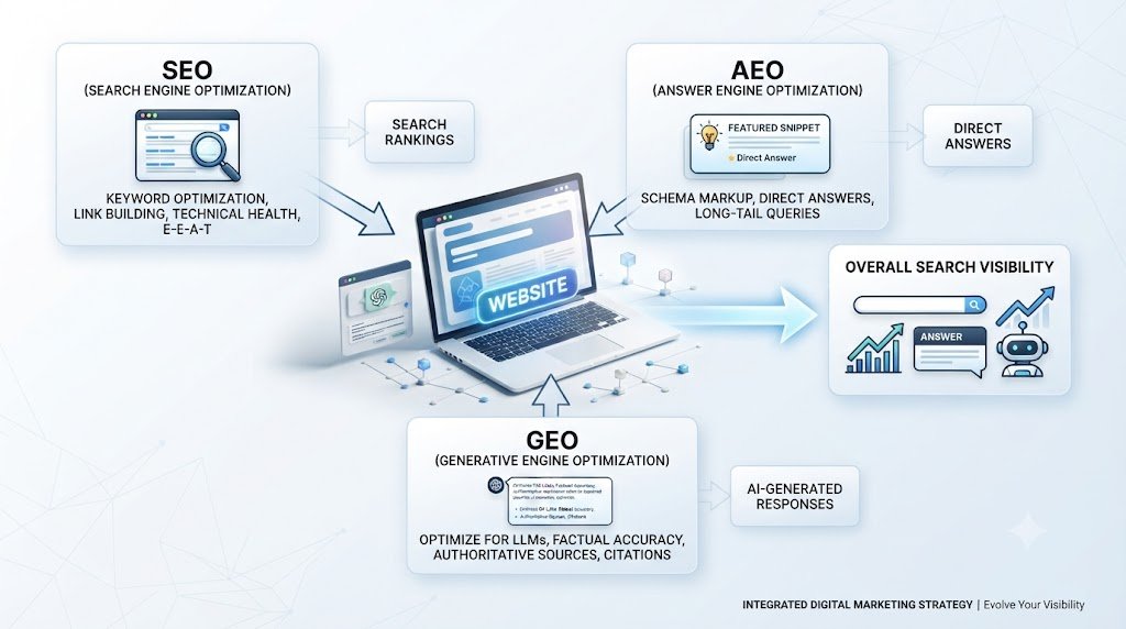 SEO, AEO AND GEO WORKS TOGETHER HOW?