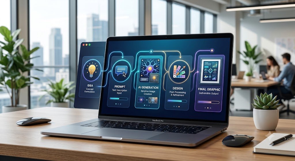 AI design workflow showing prompt to final graphic