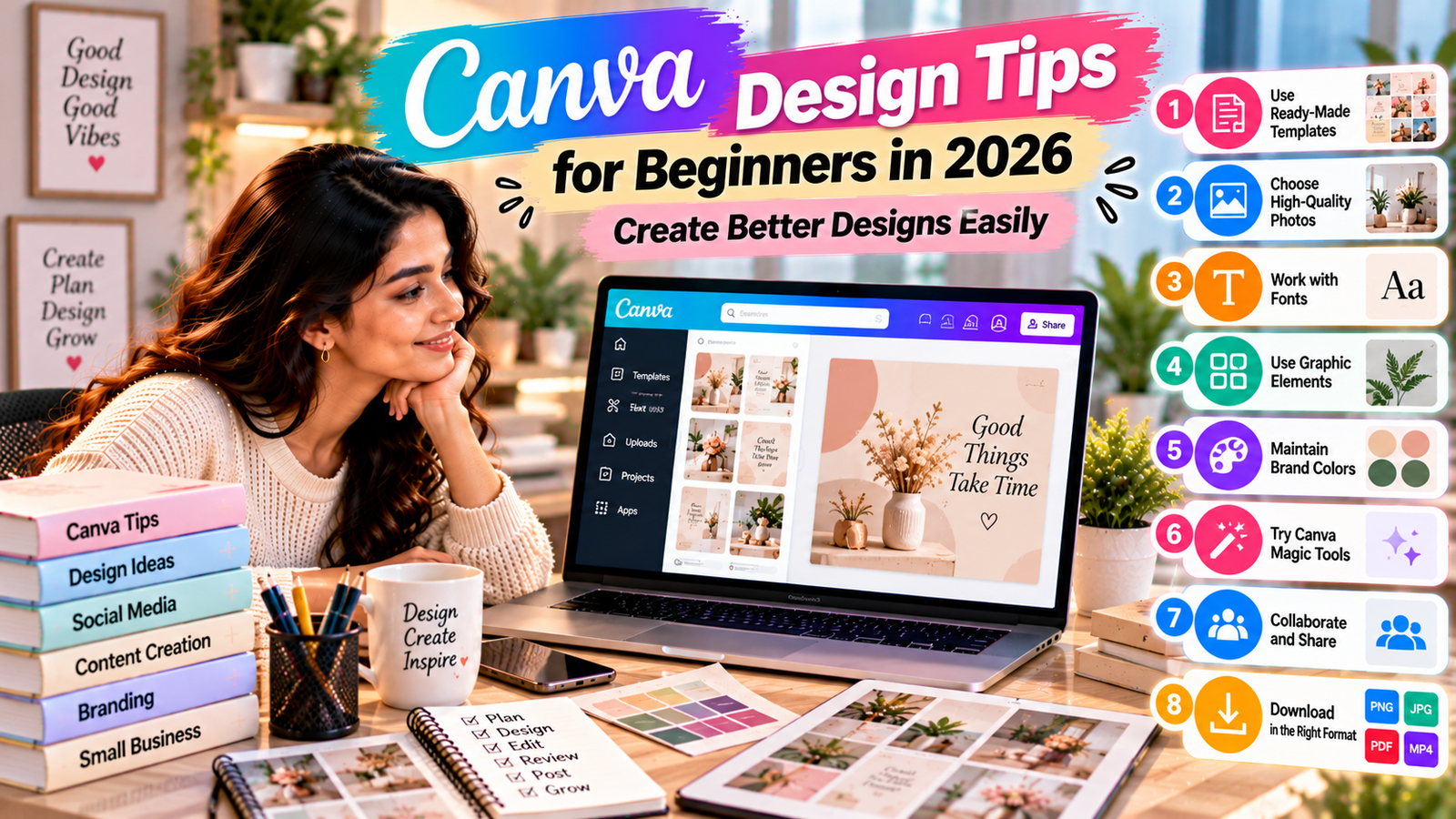 Beginner-friendly Canva design tips for 2026 showing a digital creator using templates, high-quality photos, fonts, graphic elements, brand colors, Canva Magic tools, and design techniques to create professional graphics.