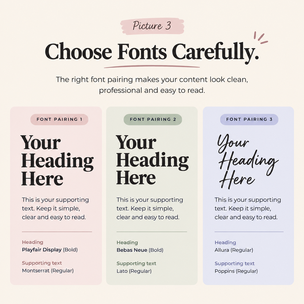 Font pairing guide showing three professional combinations: Playfair Display with Montserrat, Bebas Neue with Lato, and Allura with Poppins, with examples of heading and supporting text.