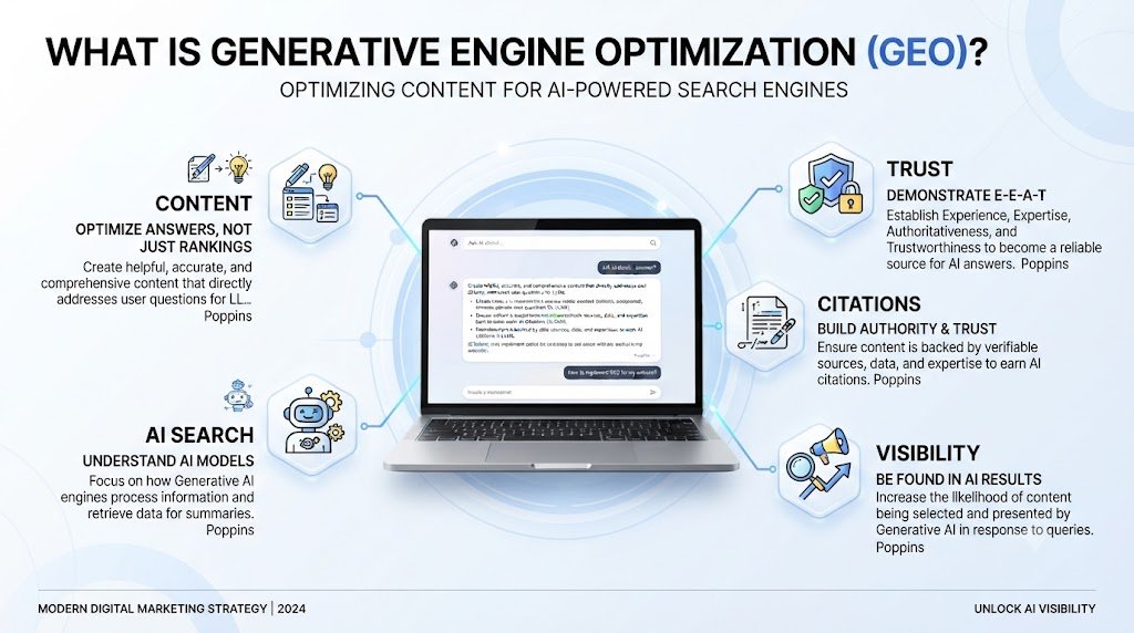 Generative Engine Optimization (GEO) infographic showing an AI search interface on a laptop surrounded by Content, AI Search, Citations, Trust, and Visibility.