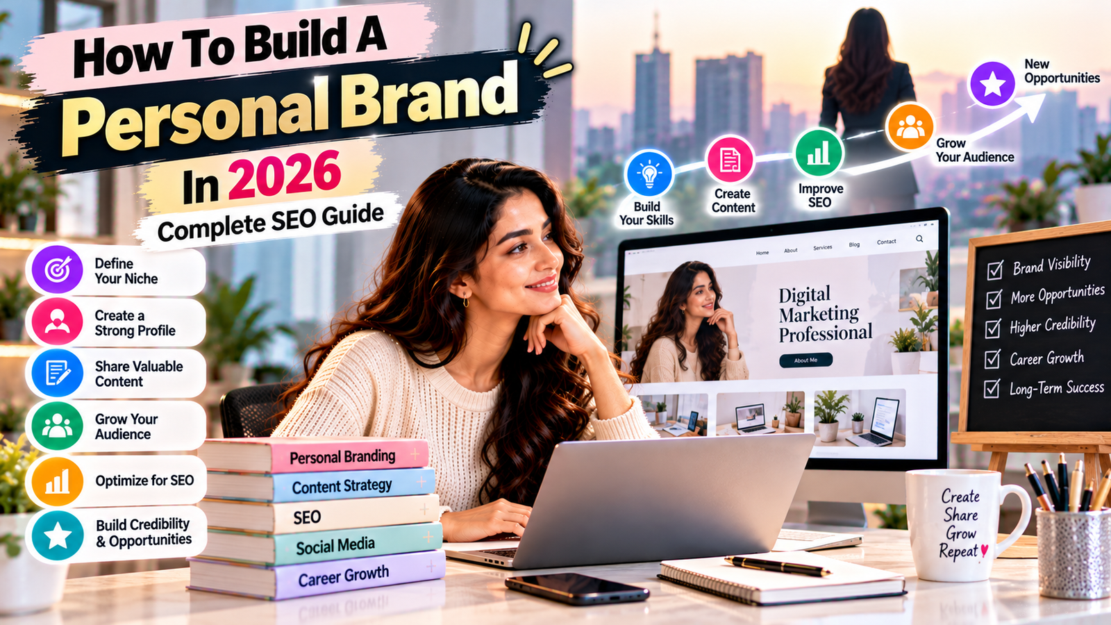 Young digital marketing professional building a strong personal brand in 2026 through SEO optimization, professional website development, valuable content creation, social media marketing, audience engagement, and online credibility.