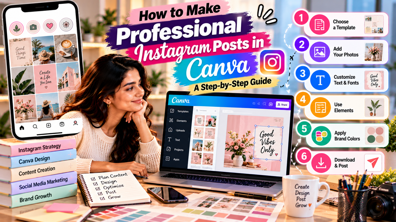 Young digital creator designing professional Instagram posts using Canva templates, custom fonts, brand colors, photos, and graphic elements in a step-by-step social media design tutorial.