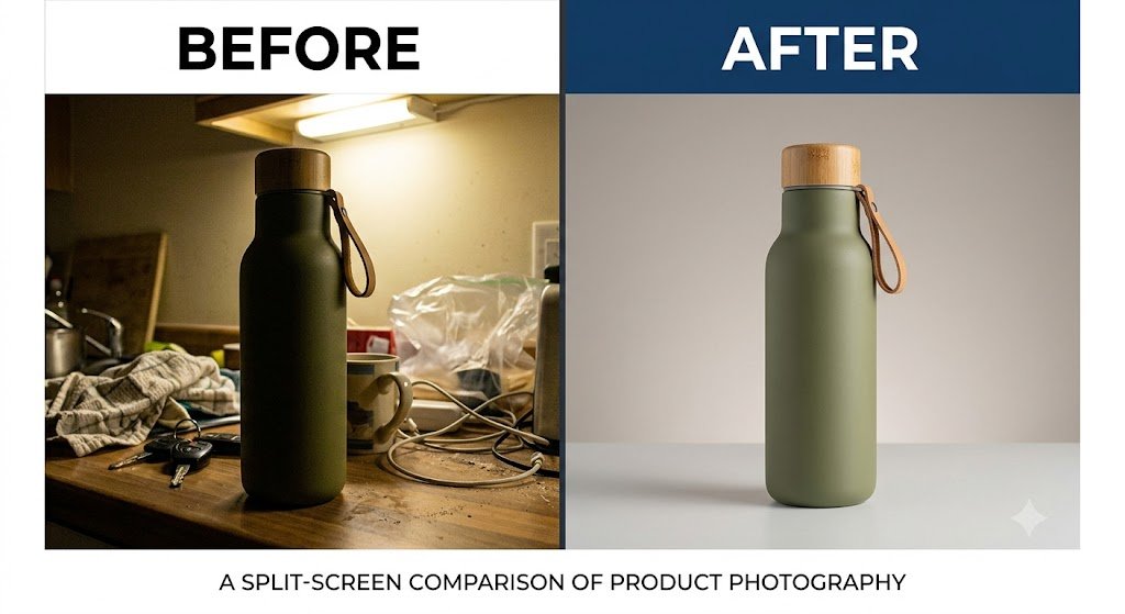 Before and after product photography for a catalogue
