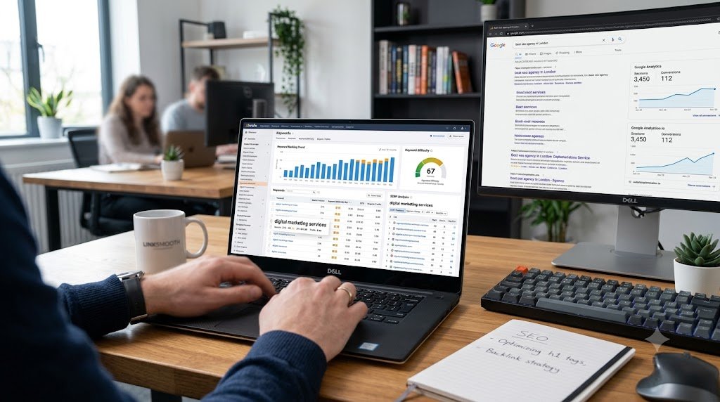Professional digital marketing workspace featuring a laptop displaying SEO keyword research, search engine results, keyword charts, website optimization tools, and analytics on a modern desk.