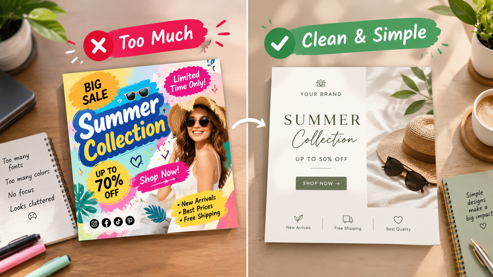Realistic before-and-after Canva design comparison showing a cluttered design labeled “Too Much” and a clean, minimal design labeled “Clean & Simple.”