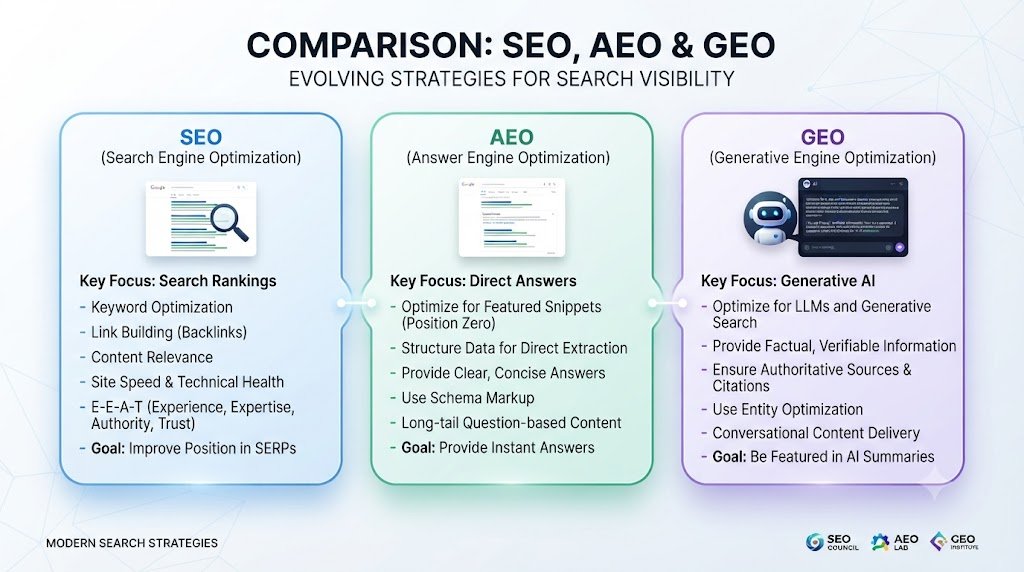 COMPARSION SEO , AEO AND GEO