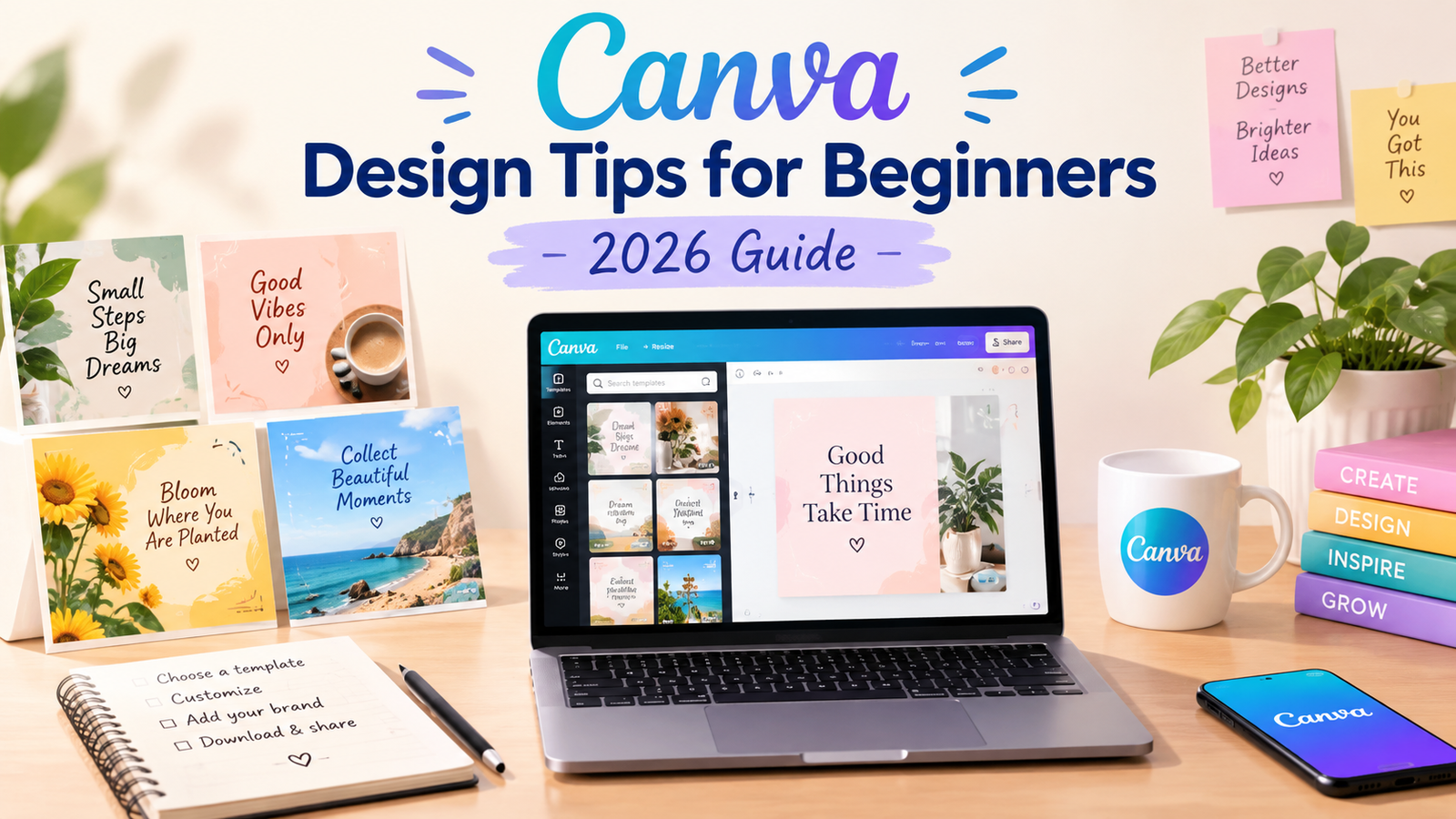 Laptop displaying a Canva-style design workspace surrounded by social media designs, showing Canva design tips for beginners in a 2026 guide.