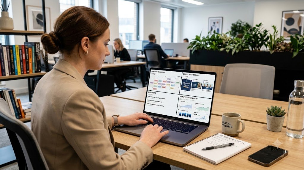 Young digital marketer planning social media content on a laptop, with content calendars, blog ideas, post designs, and analytics in a modern workspace.
