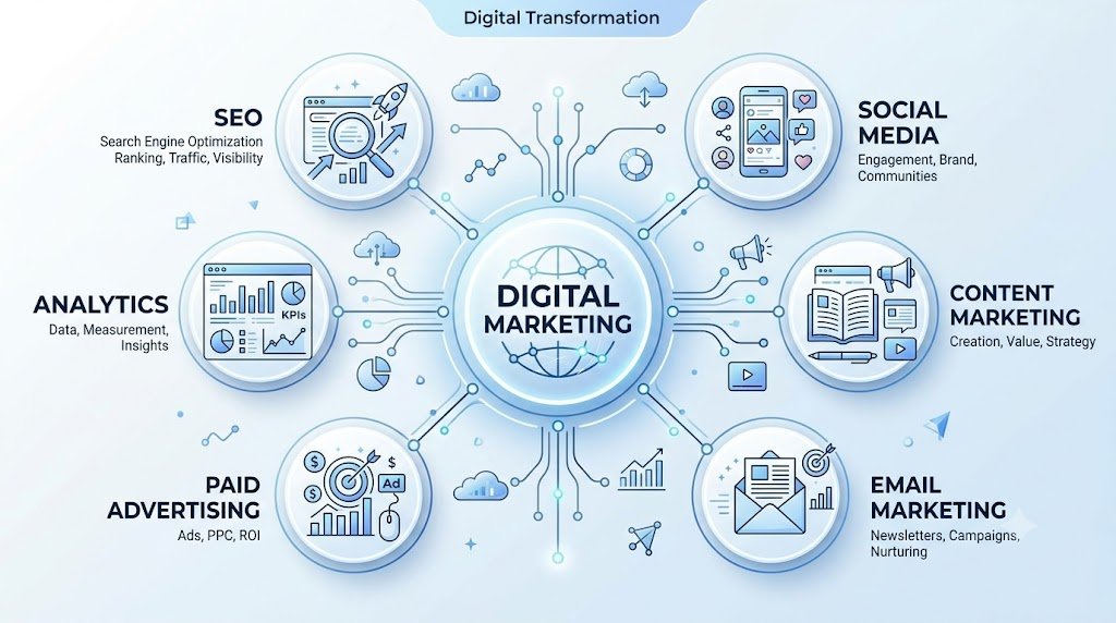 Digital Marketing infographic with six connected branches: SEO, Social Media, Content Marketing, Email Marketing, Paid Advertising, and Analytics,