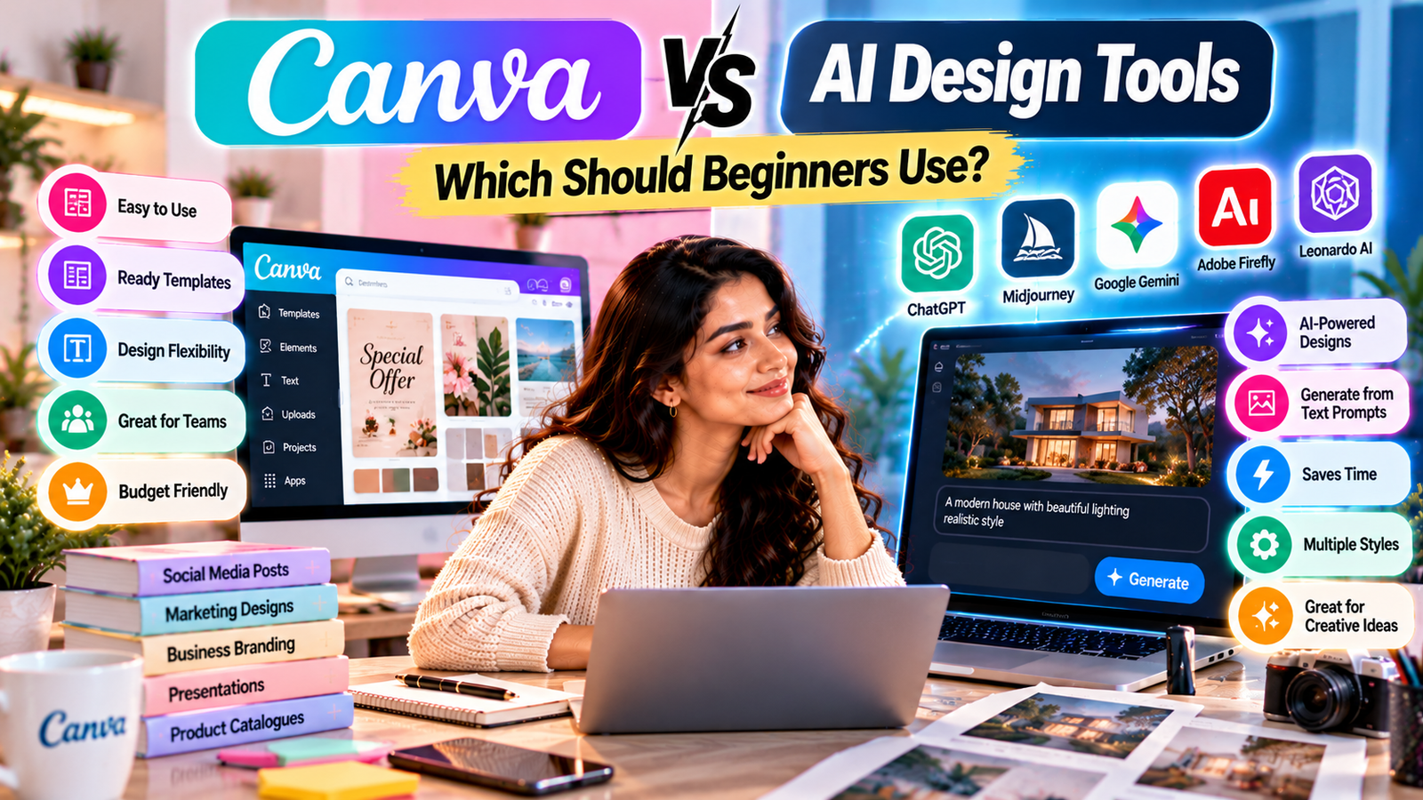 Canva vs AI design tools comparison for beginners, featuring Canva templates, graphic design features, and AI-powered platforms like Midjourney, Adobe Firefly, and Leonardo AI for creative content generation.