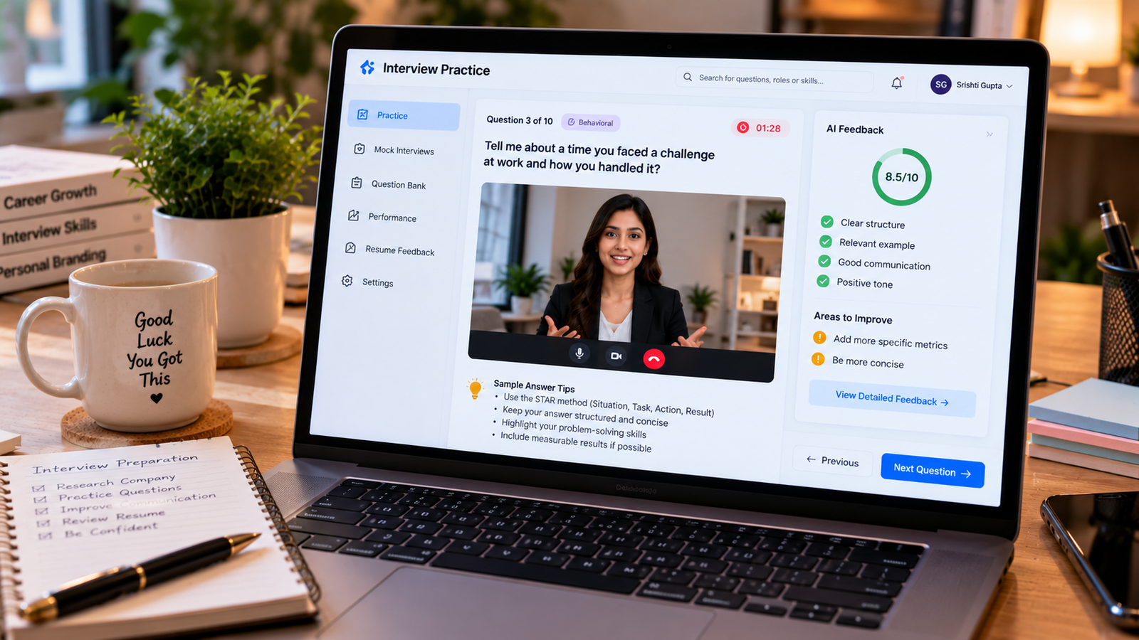 Realistic laptop displaying an AI-powered interview practice platform with mock interview questions, countdown timer, video response, performance score, and personalized feedback for job interview preparation.