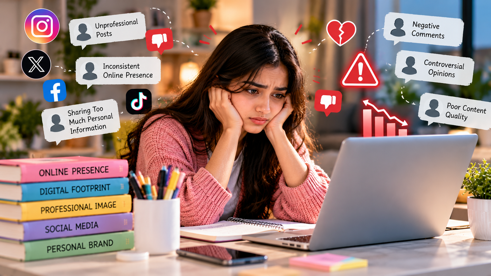 Worried young professional facing online reputation problems caused by personal branding mistakes, unprofessional social media posts, negative comments, inconsistent online presence, and poor content quality.