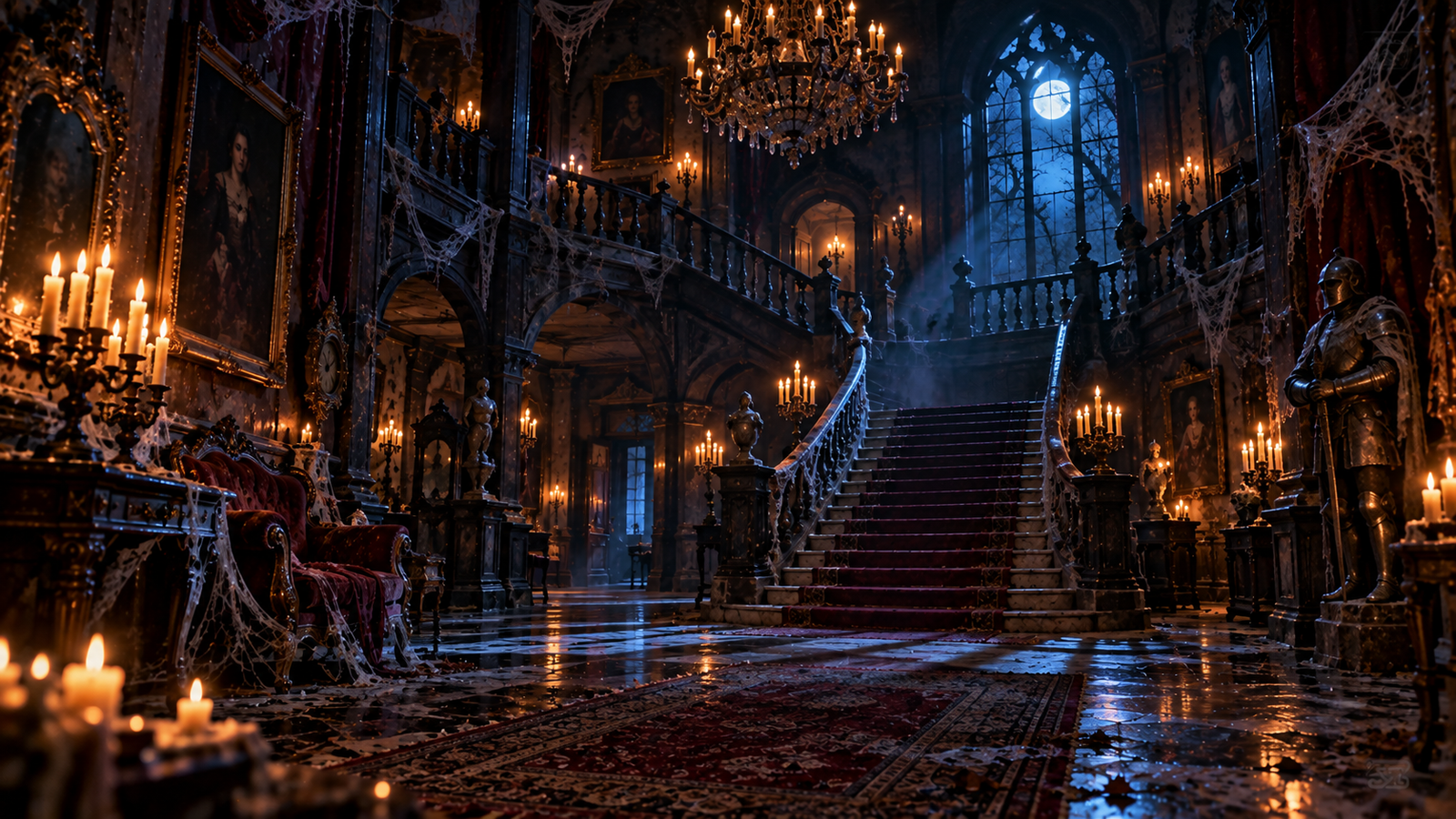 Mysterious haunted mansion interior inspired by Bollywood horror-comedy movies, featuring a grand staircase, antique furniture, dusty chandeliers, cobwebs, flickering candles, and eerie blue moonlight creating a spooky atmosphere.