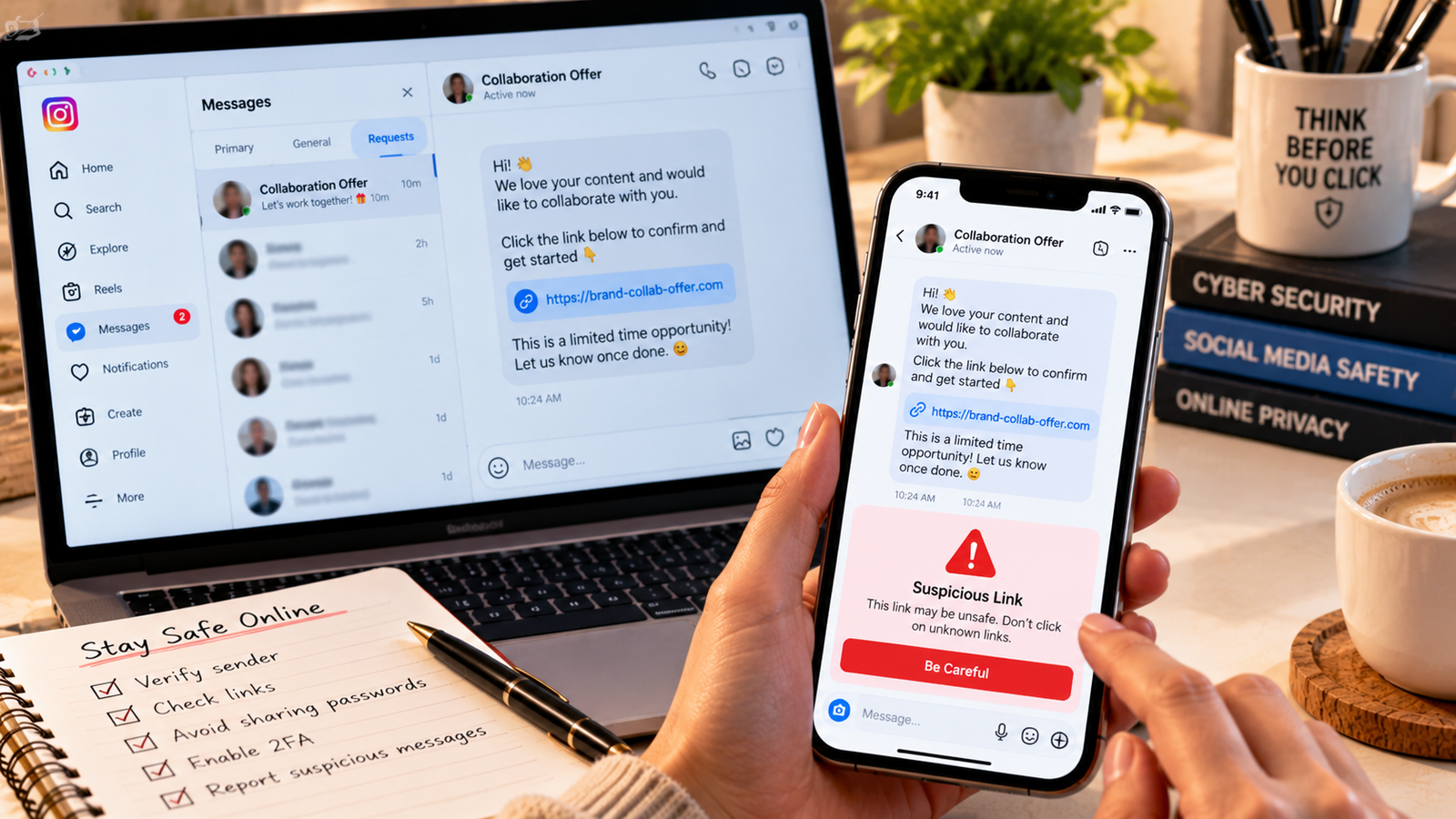 Laptop and smartphone displaying a suspicious social media collaboration message with a phishing link warning, highlighting online scam prevention, account security, and safe social media practices.