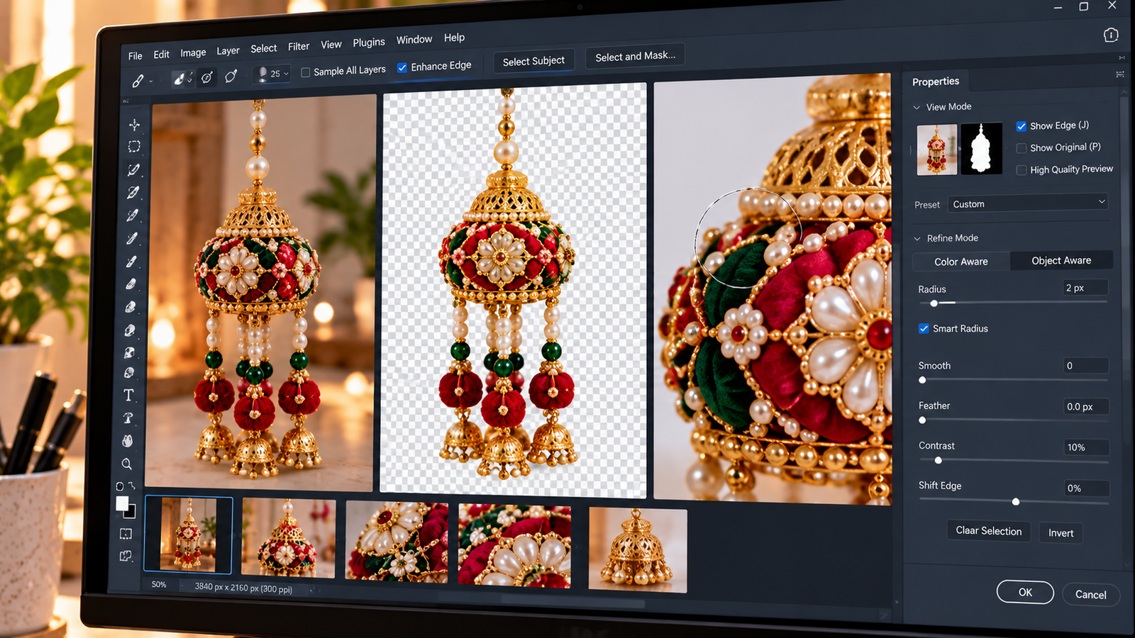 "Close-up of a photo editing interface showing precise edge refinement and background removal around an intricate handmade hanging decoration with pearls and golden detailing."