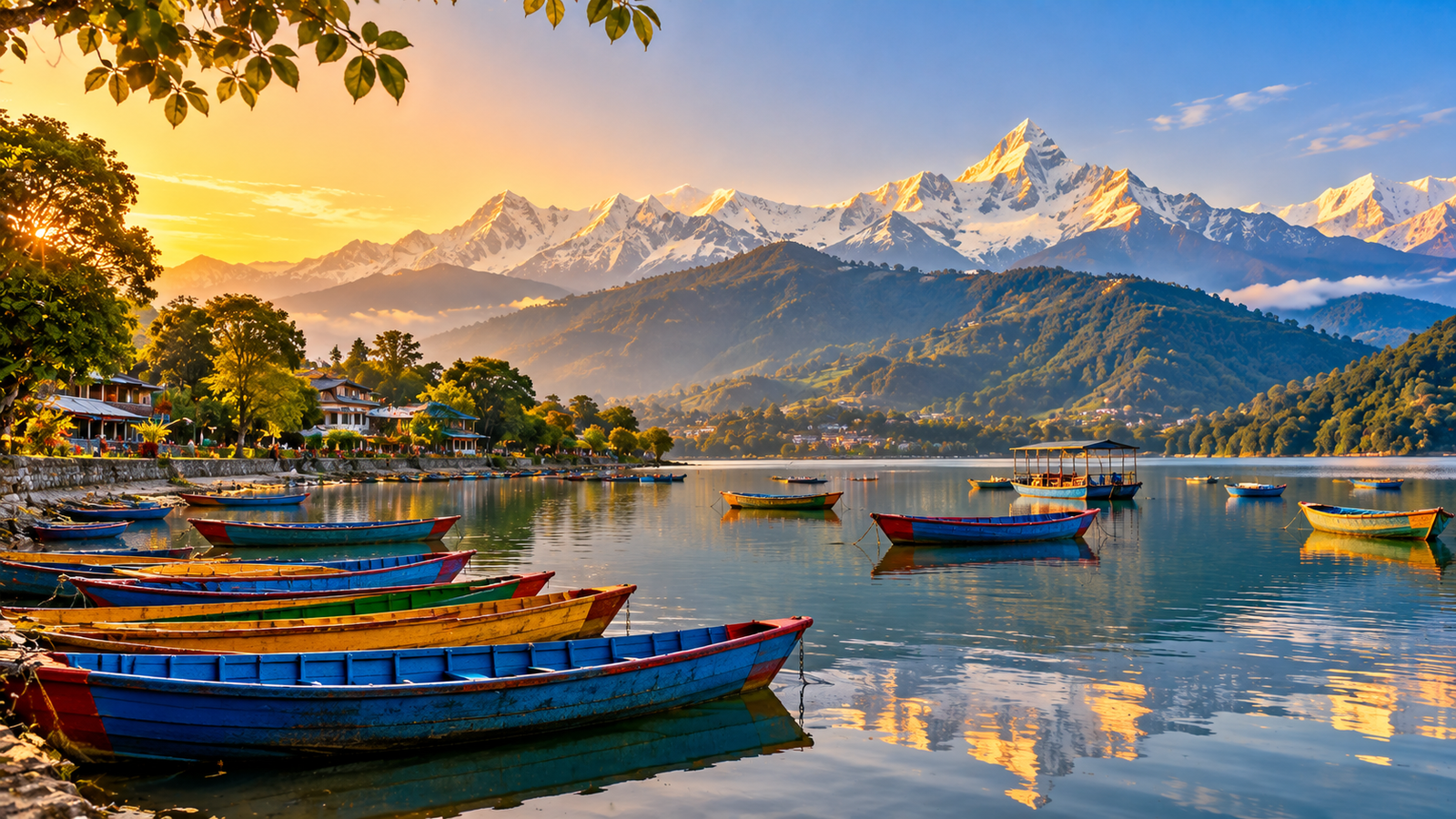 Phewa Lake in Pokhara, Nepal, with colorful boats and snow-covered Himalayan mountains.