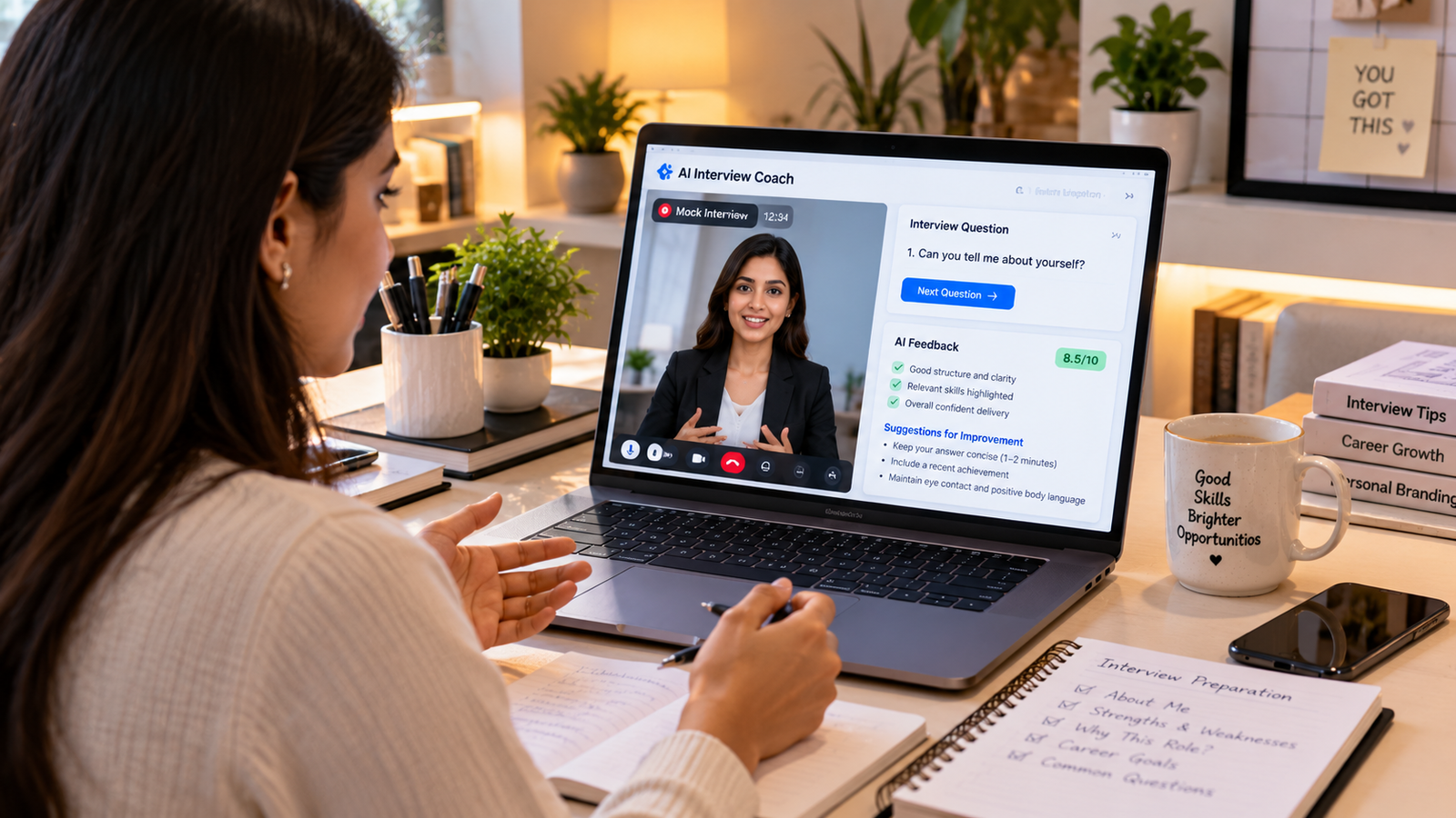 Young Indian professional practicing a virtual job interview using an AI interview coach on a laptop, displaying interview questions, performance feedback, and improvement suggestions in a modern home office.