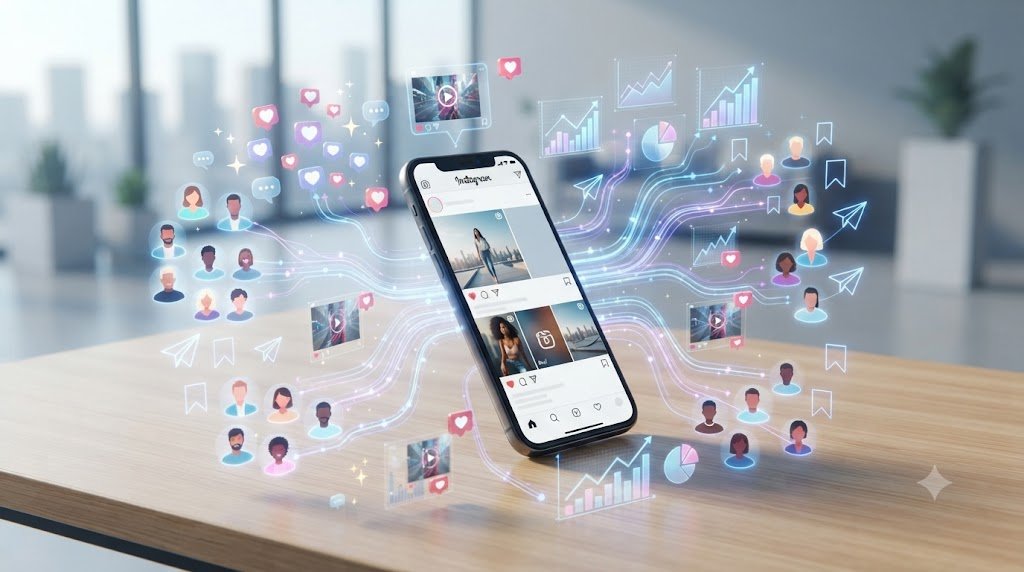 Instagram algorithm concept showing social media content connected with audience engagement, views, shares, and saves