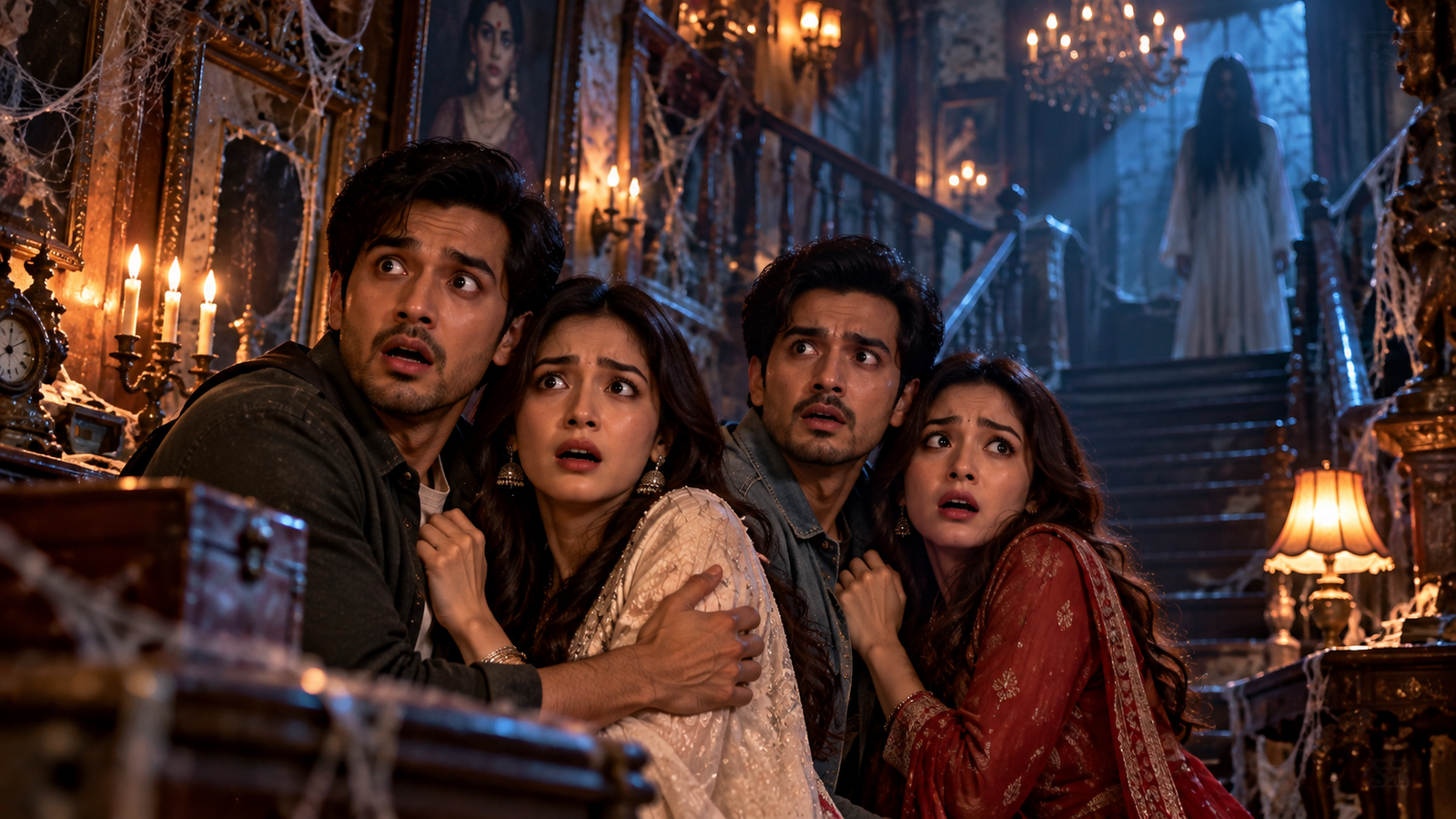 Scared Bollywood horror movie characters inside a haunted mansion, with a mysterious ghost in a white dress standing on the staircase, surrounded by cobwebs, flickering candles, and eerie blue lighting.