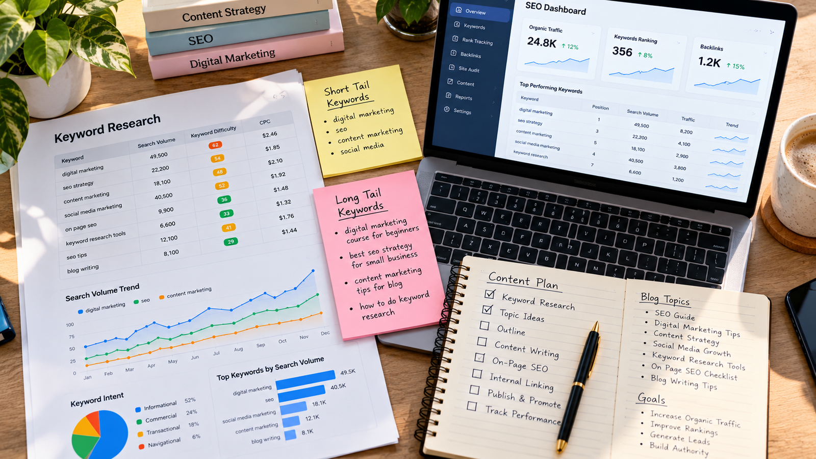 Overhead view of an SEO content planning desk featuring keyword research charts, short-tail and long-tail keyword sticky notes, a laptop displaying an SEO analytics dashboard, and a notebook with content strategy and blog planning ideas.