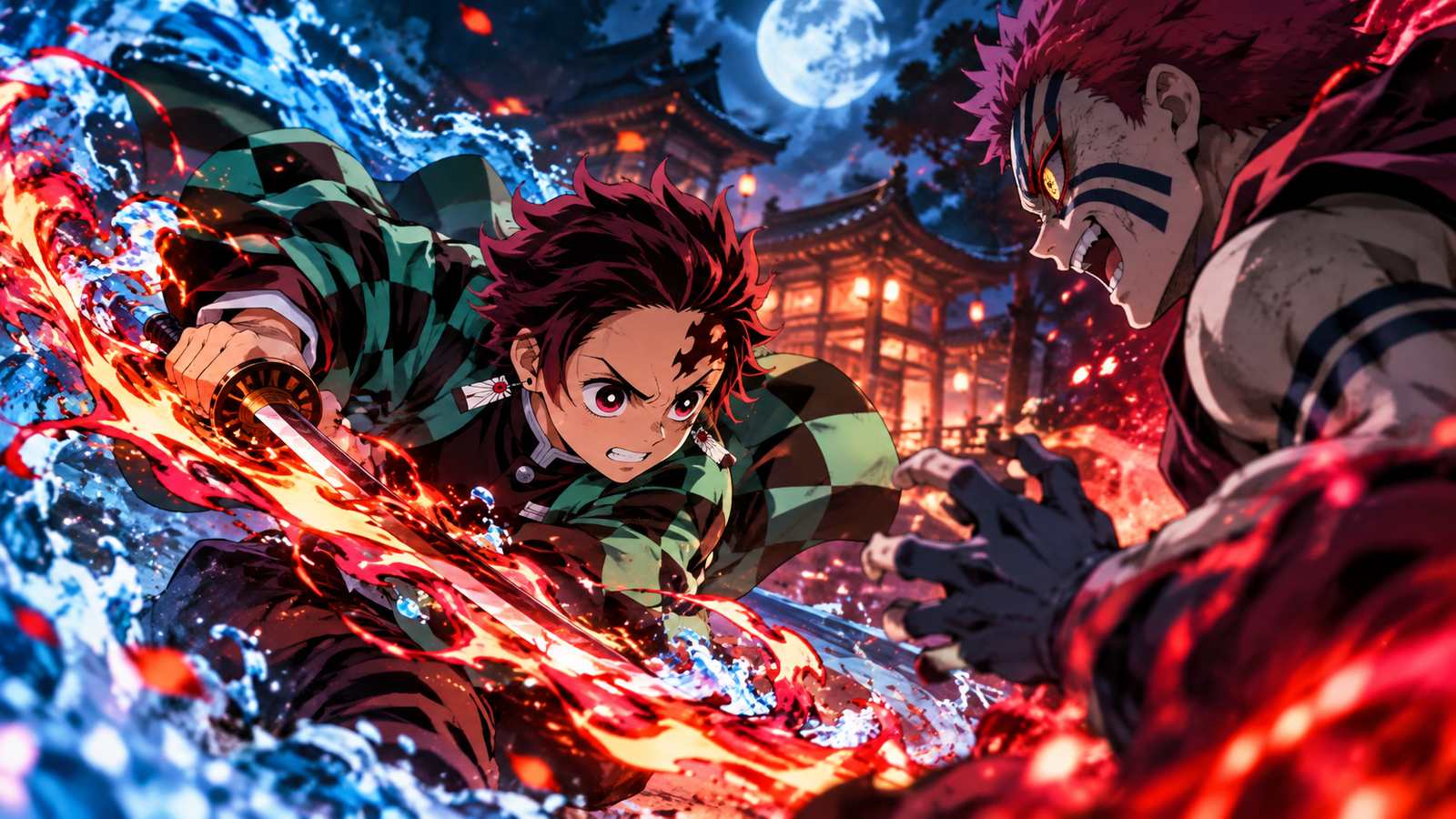 Demon Slayer-inspired anime action scene featuring a young swordsman battling a powerful demon with a flaming katana, surrounded by blue water effects, glowing red flames, and a moonlit Japanese temple.