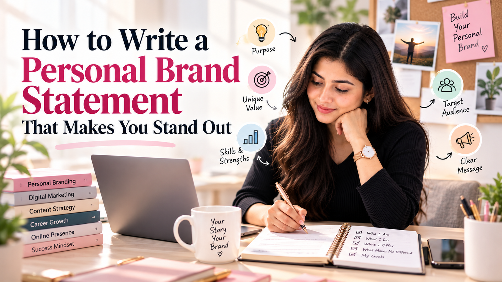 Professional woman writing a personal brand statement, highlighting unique skills, strengths, target audience, personal values, and strategies to stand out.