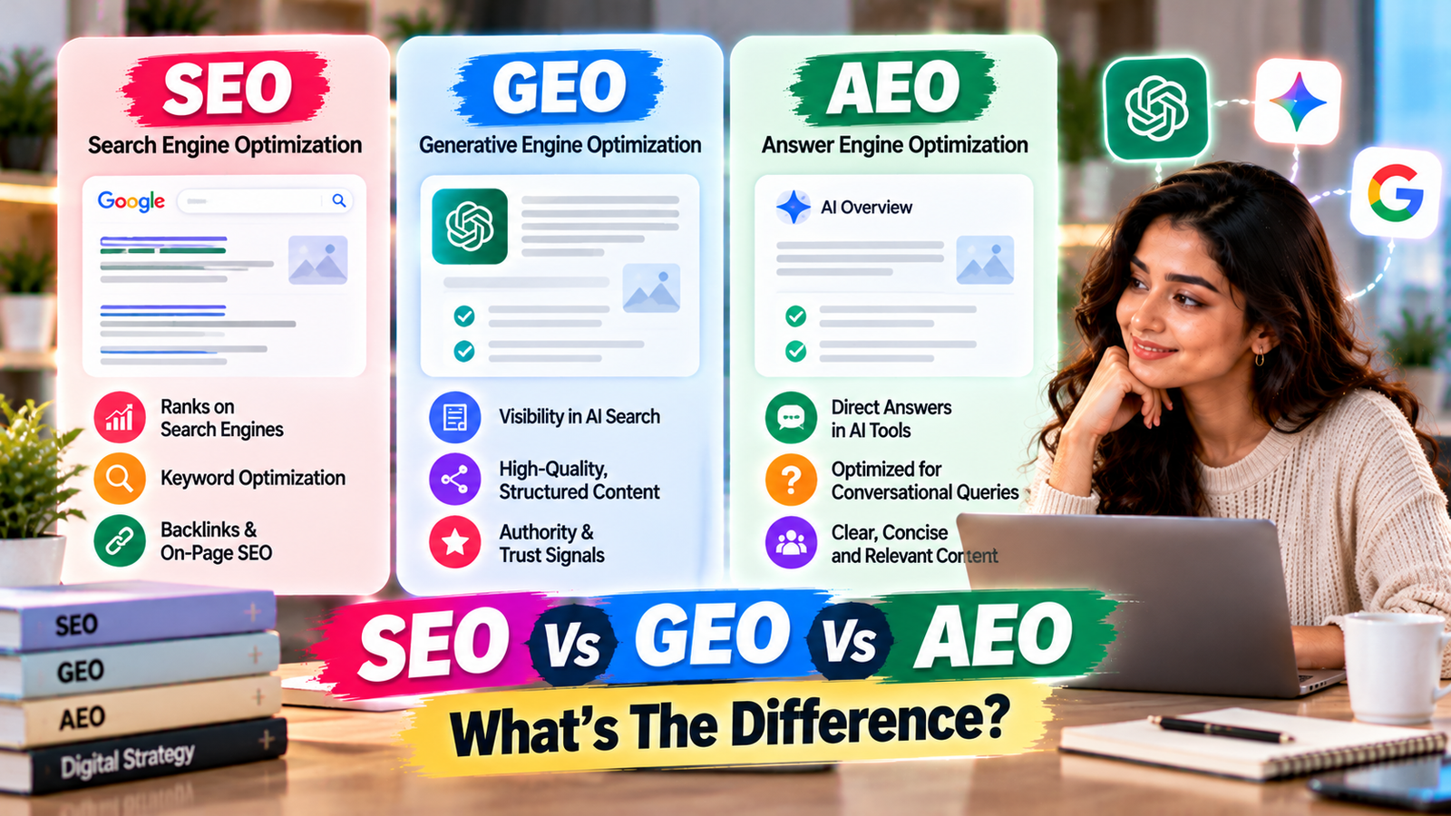 Comparison of SEO, GEO, and AEO explaining Search Engine Optimization, Generative Engine Optimization, and Answer Engine Optimization with Google search results, AI-generated answers, keyword strategies, and AI search visibility.