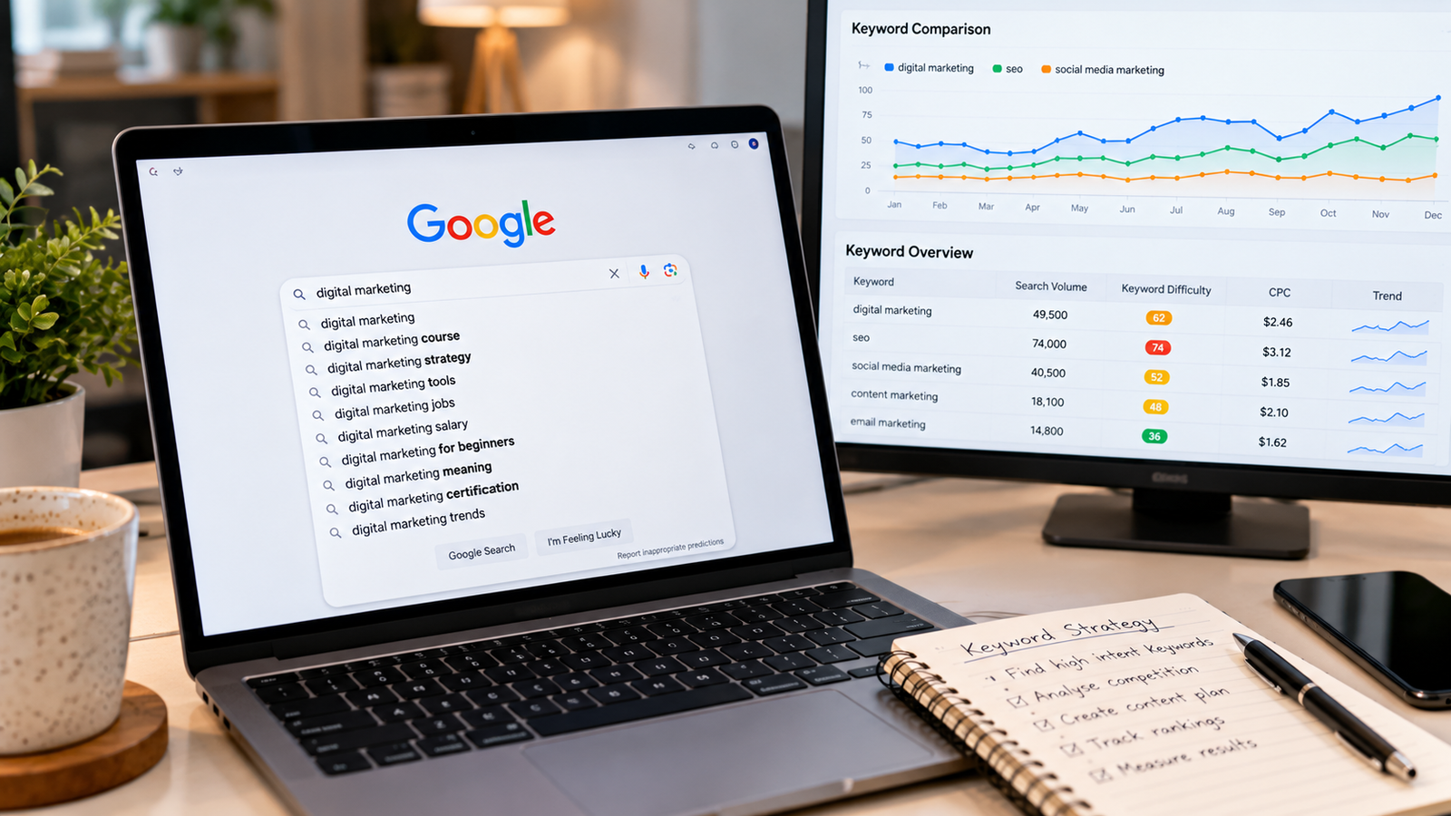Laptop displaying Google autocomplete keyword suggestions for digital marketing alongside a monitor showing SEO keyword comparison charts, search volume, keyword difficulty, and CPC metrics in a professional workspace.