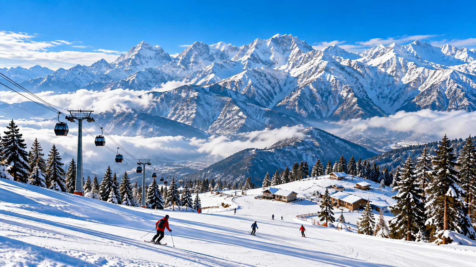 Snowy skiing slopes and panoramic Himalayan mountain views in Auli, Uttarakhand.