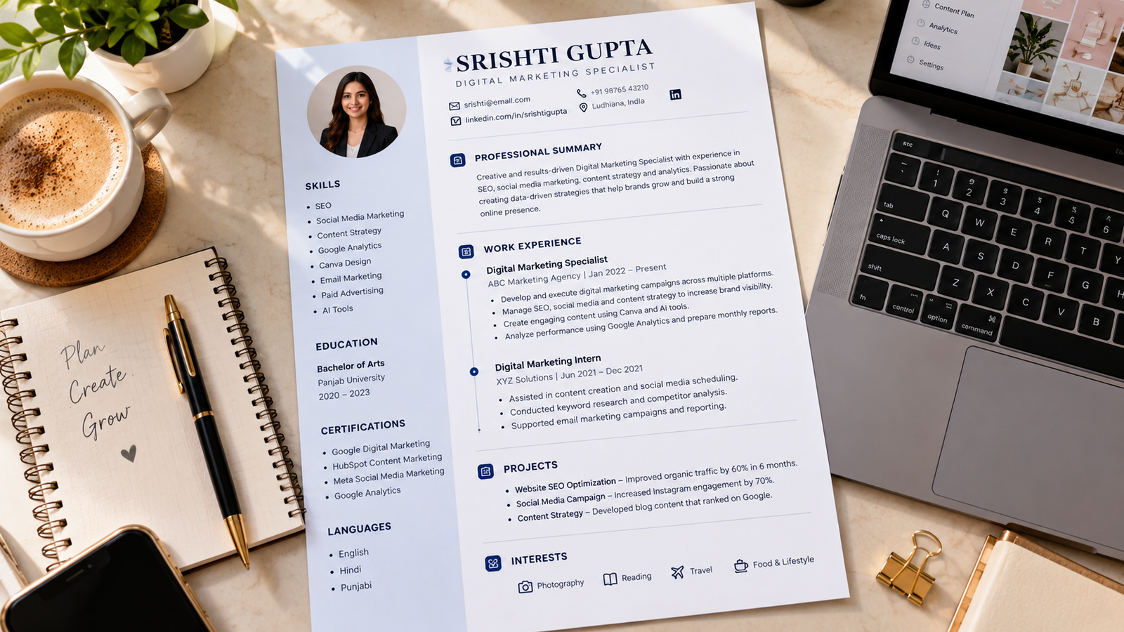 Overhead photograph of a professionally formatted digital marketing resume featuring skills, education, work experience, and certifications beside a laptop, notebook, and pen on a cream desk.
