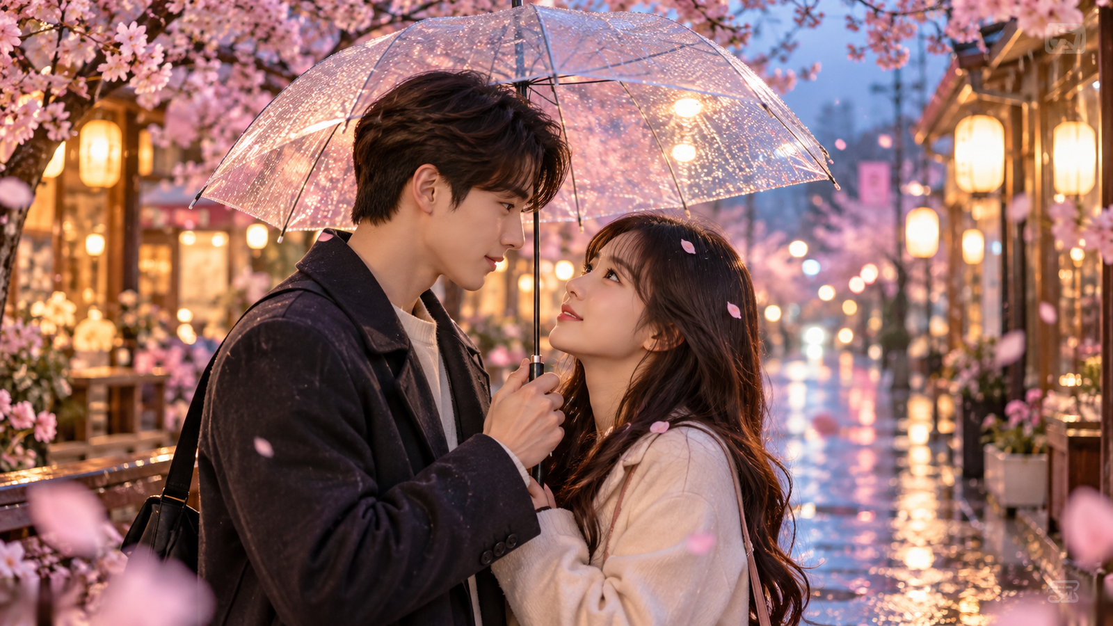 Romantic Korean drama scene featuring a young couple sharing an umbrella on a beautiful Seoul street with cherry blossoms and cinematic evening lighting.