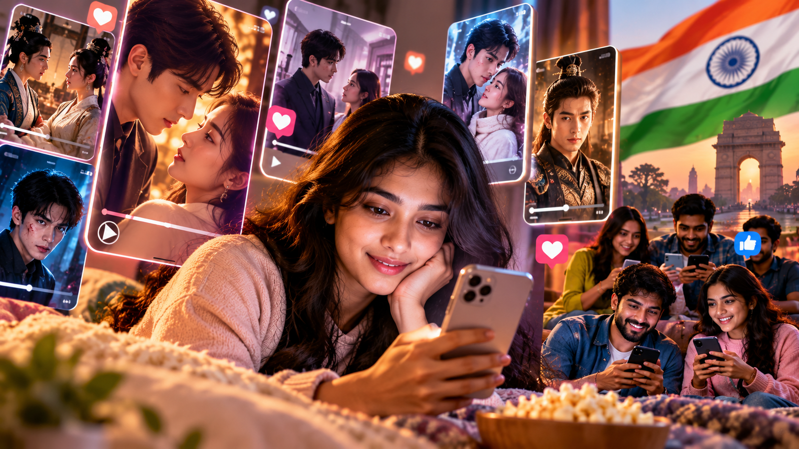 Young Indian audiences watching short romantic and suspenseful micro-drama series on smartphones, highlighting the growing popularity of vertical drama content in India.