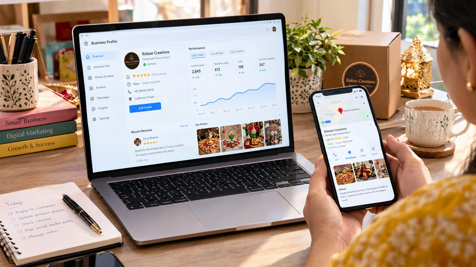 "Small Indian business owner managing a local business profile on a laptop while viewing a map-based business listing, customer reviews, and location details on a smartphone."