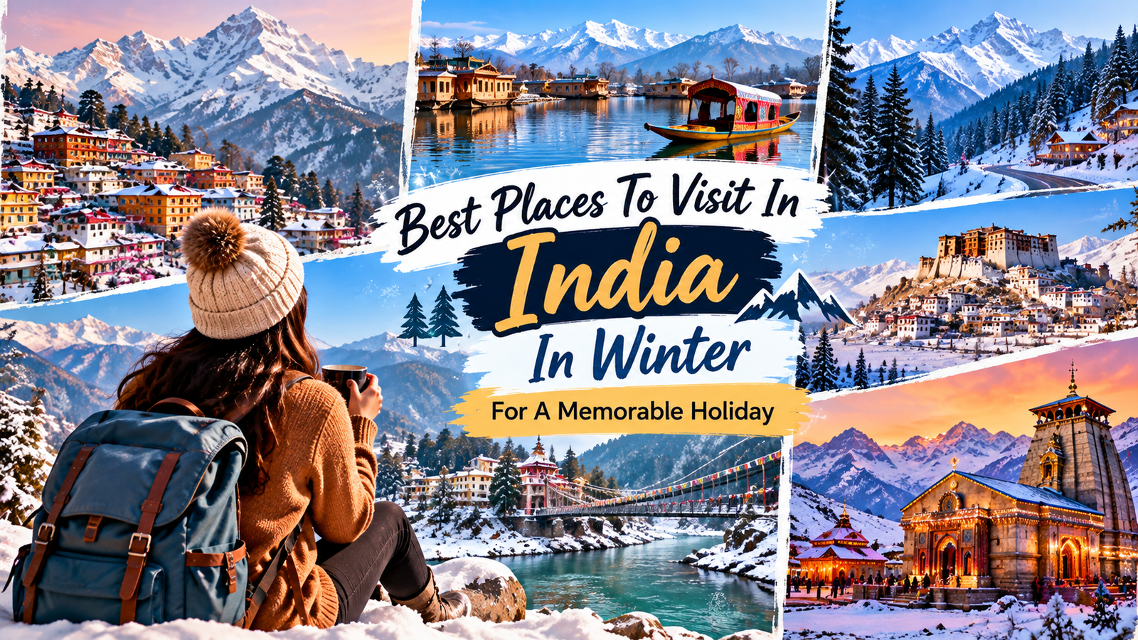 Beautiful winter travel destinations in India featuring snow-covered mountains in Manali, Shimla, Kashmir, and Ladakh, scenic valleys, peaceful lakes, and Himalayan landscapes.