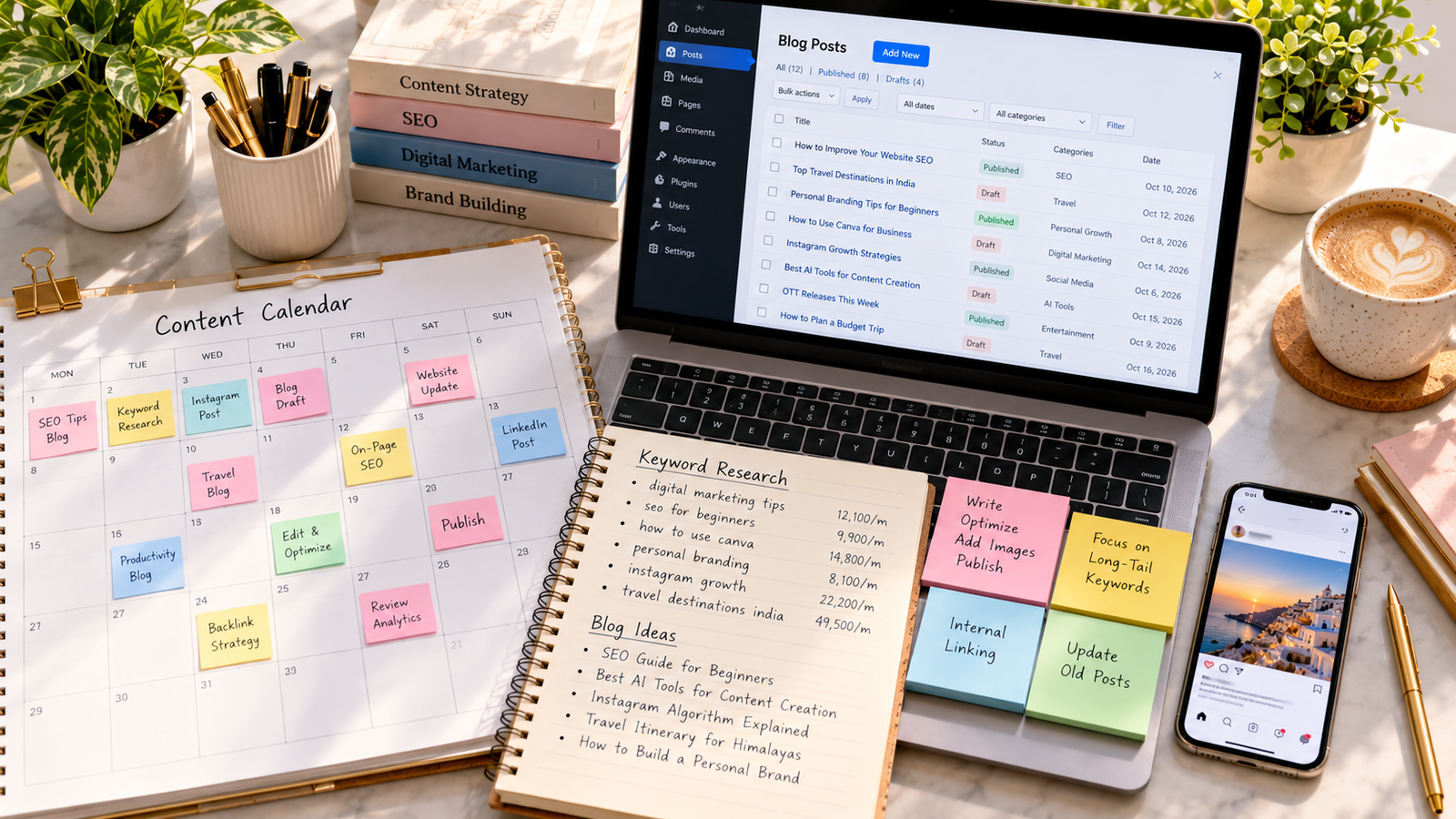 Overhead view of an SEO content planning workspace featuring a content calendar, laptop displaying blog drafts, keyword research notebook, colorful sticky notes, and smartphone showing a social media post.