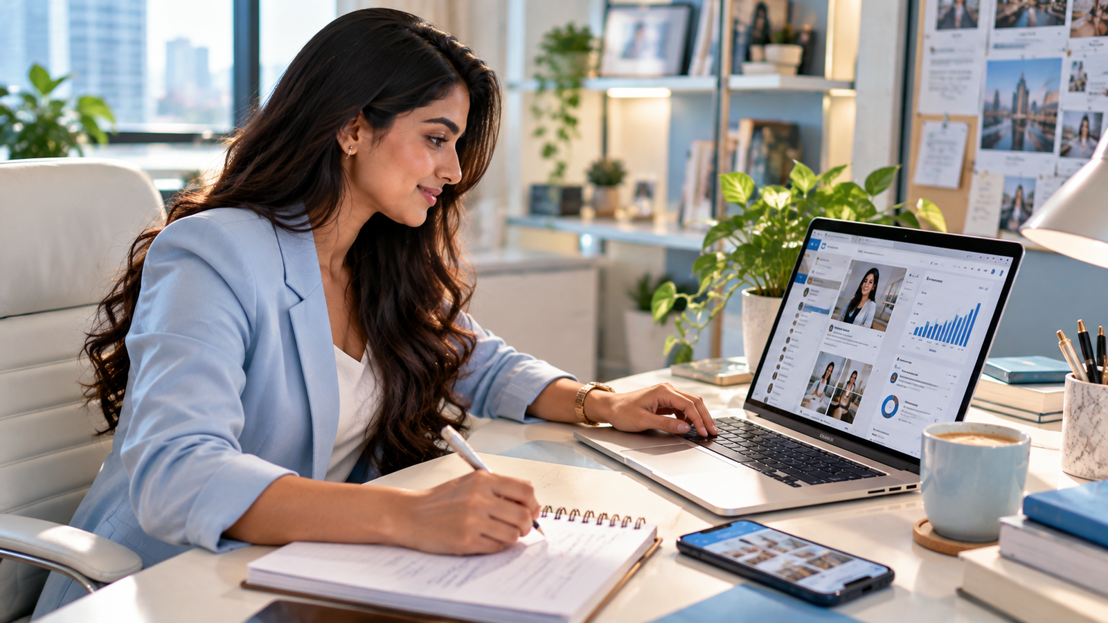 Professional planning LinkedIn content and networking strategies to increase engagement and build a personal brand.