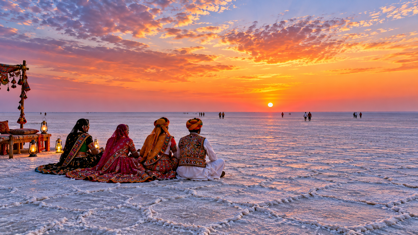 White salt desert of the Great Rann of Kutch in Gujarat during a colorful sunset.