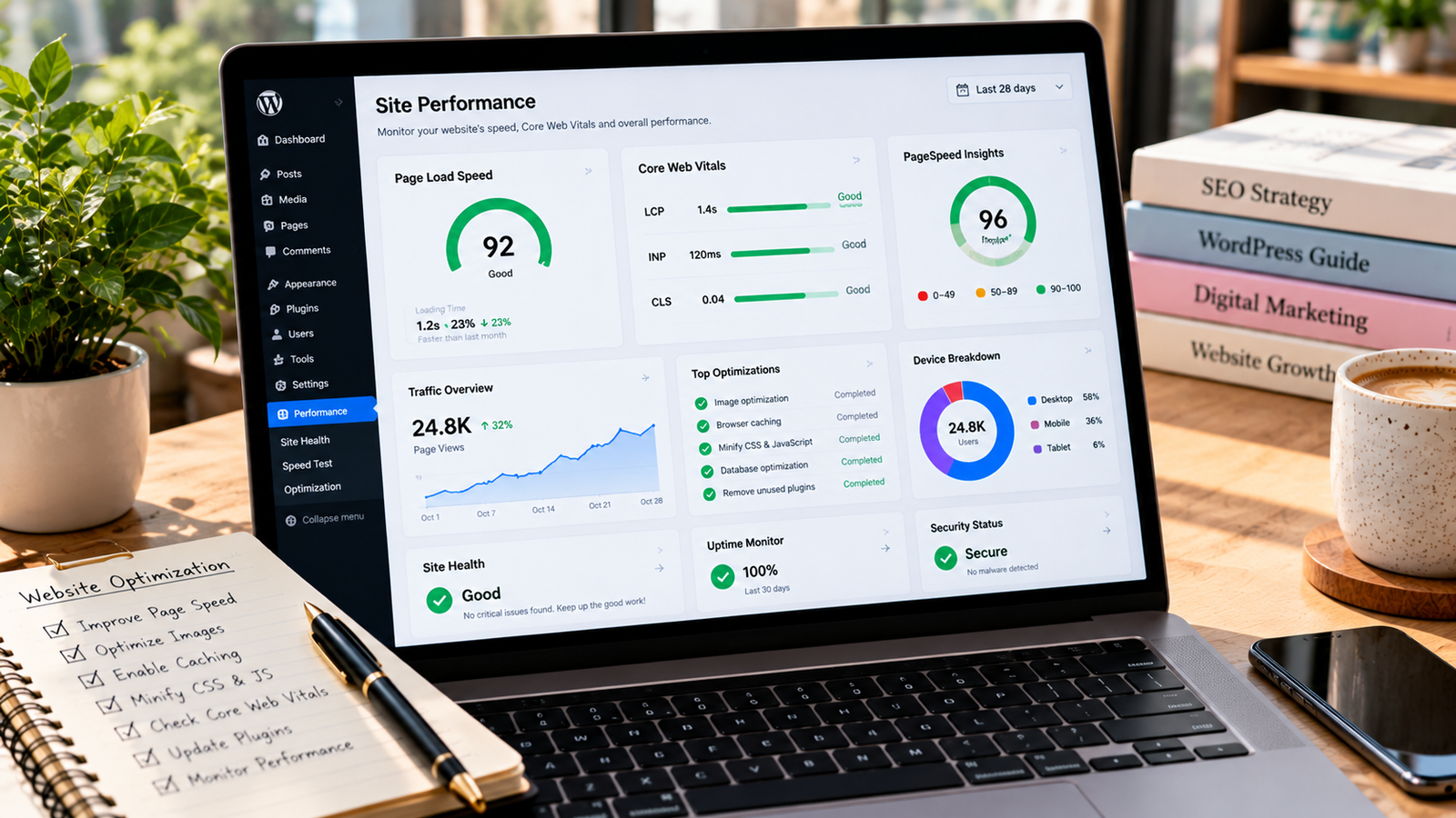 Laptop displaying a WordPress website performance dashboard with page loading speed scores, Core Web Vitals metrics, PageSpeed Insights, traffic analytics, and website optimization indicators in a modern workspace.