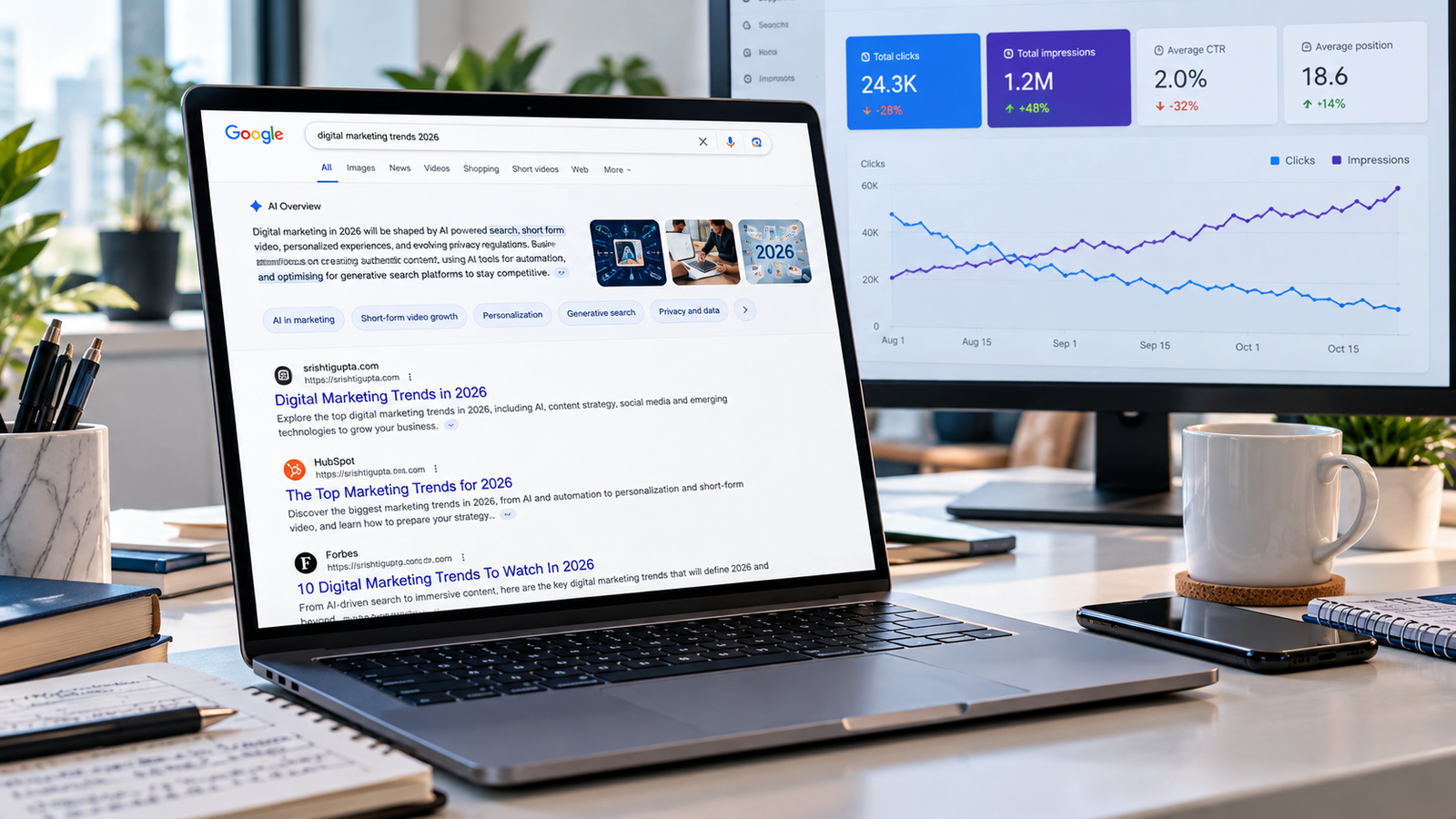Zero-click searches showing AI-generated search answers and organic traffic analytics.