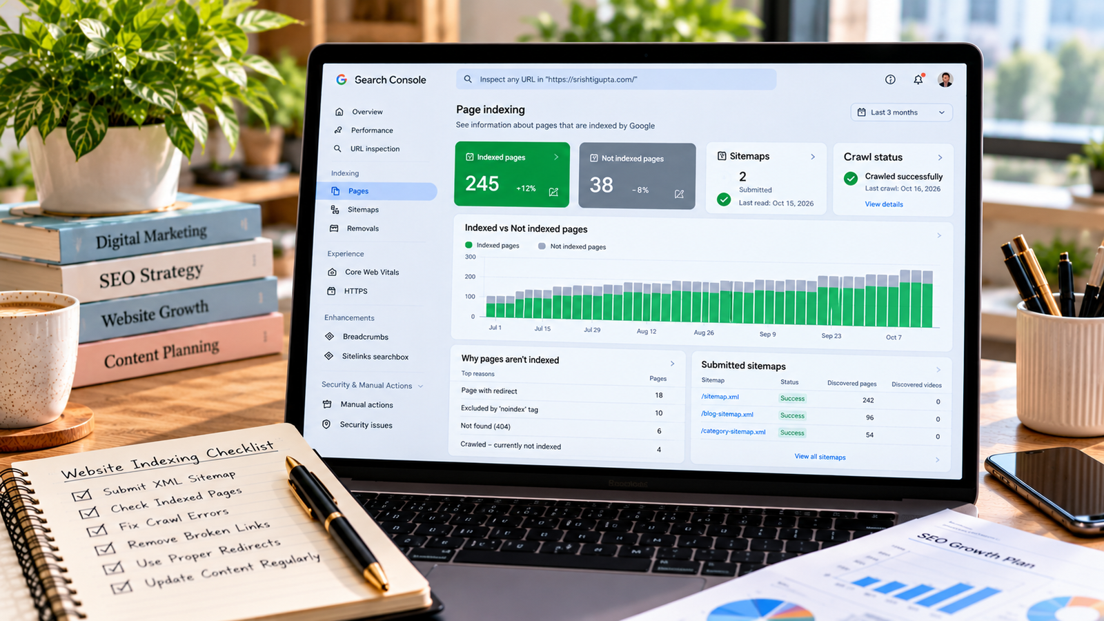 Laptop showing a fictional Google Search Console indexing dashboard with indexed pages, excluded URLs, sitemap submission status, crawl reports, and website indexing charts on a modern SEO workspace desk.
