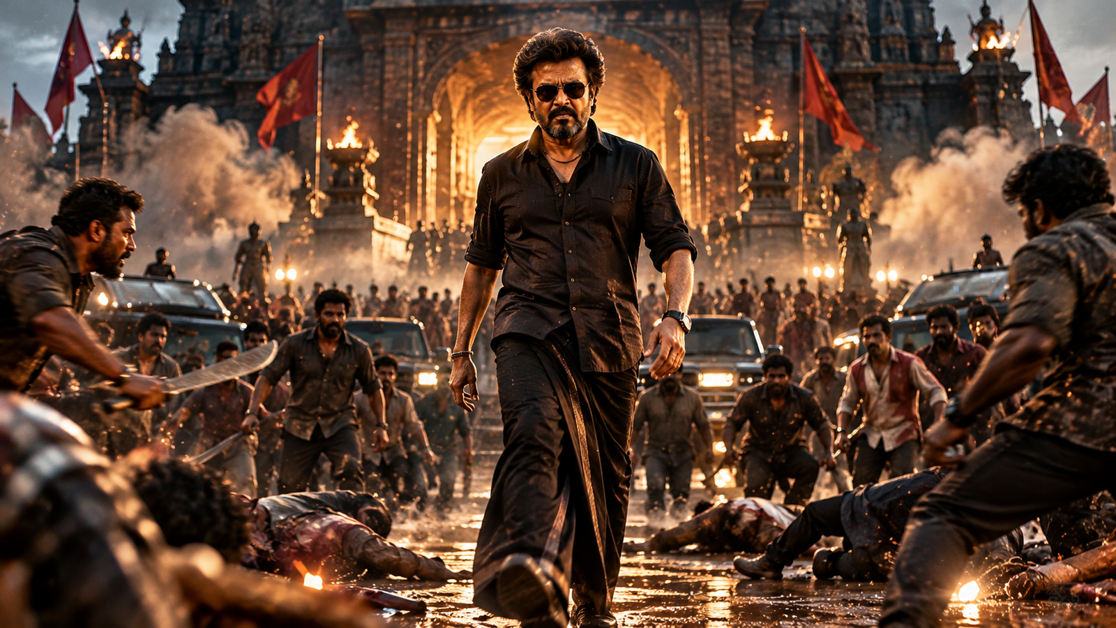 South Indian mass-action movie scene featuring a powerful hero in a black outfit and sunglasses walking confidently through an intense battle, surrounded by fighters, dramatic explosions, smoke, and a grand temple backdrop.