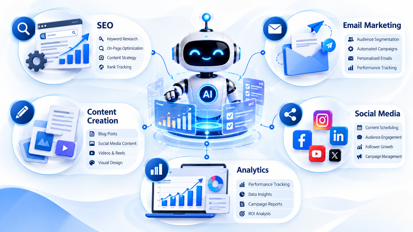 Agentic AI applications across five digital marketing activities.