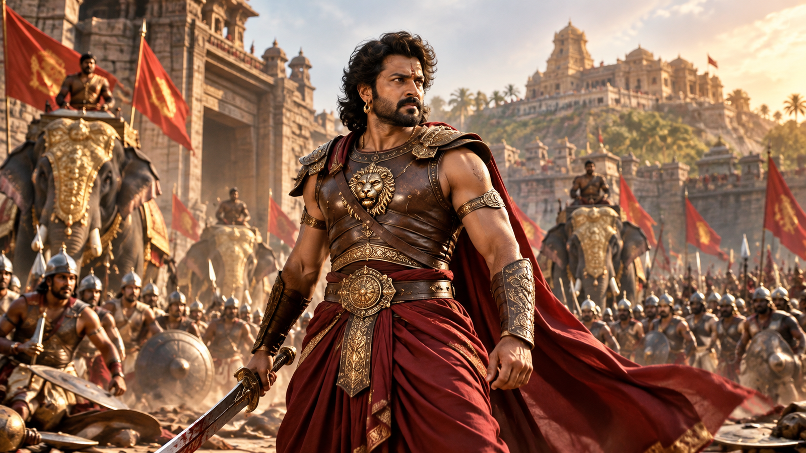 Epic South Indian historical action movie scene featuring a powerful warrior in traditional royal armor holding a sword, surrounded by soldiers, war elephants, ancient palaces, and a grand battlefield.